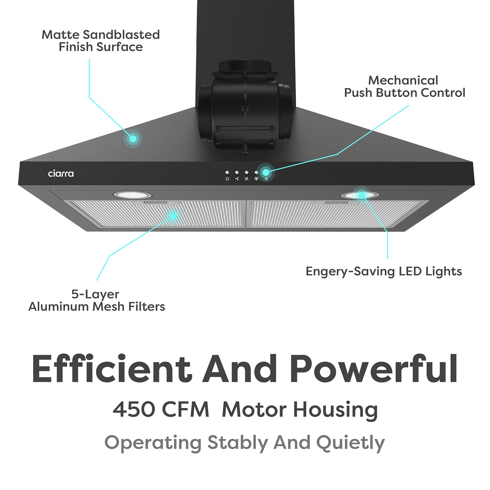 Gadgets 30 Inch Wall Mount Range Hood, 450 CFM Powerful & Quiet Ventilation, Convertible Ducted/Ductless, Push Button Control, Stainless Steel Kitchen Hood - Black