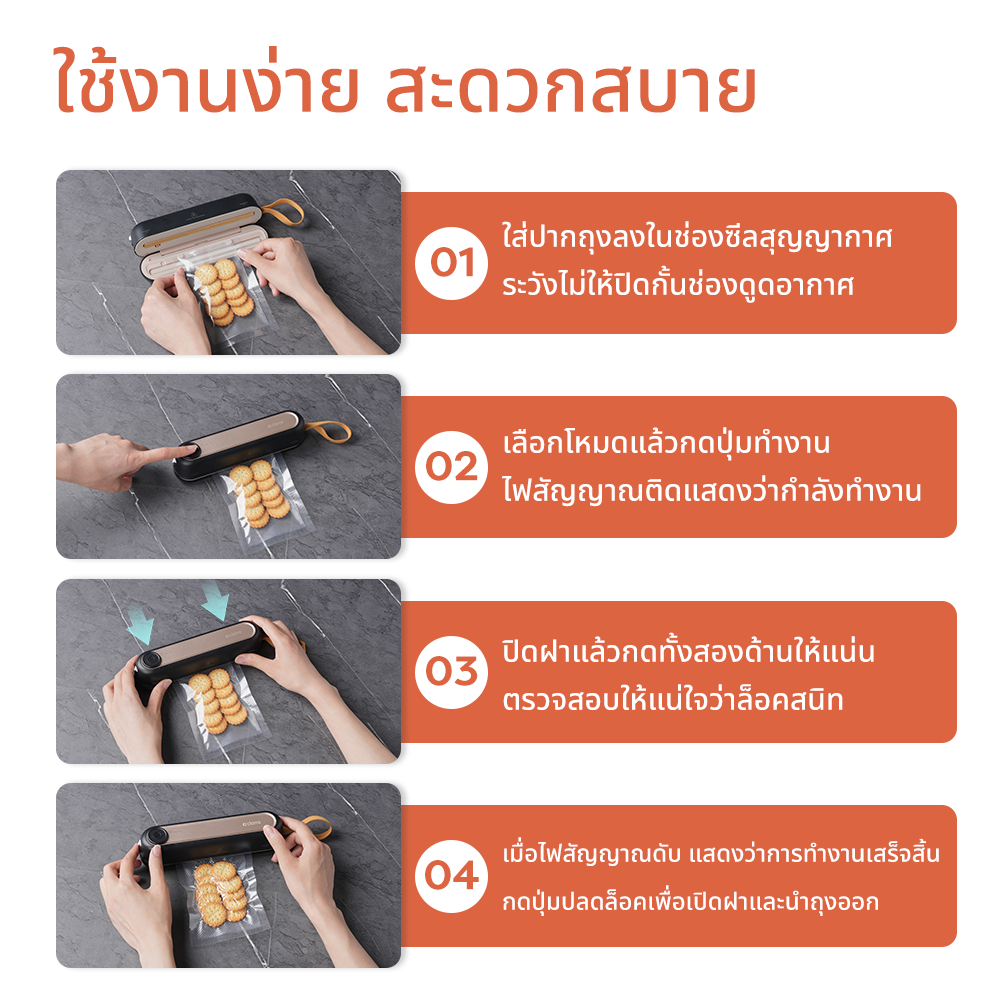 Gadgets เครื่องซีลสูญญากาศแบบพกพาไร้สาย ขนาดกะทัดรัดแต่ทรงพลัง พร้อมโหมดดูดอากาศและซีล โหมดซีล และโหมดดูดอากาศภายนอก มาพร้อมถุงซีลสูญญากาศ 5 ชิ้น