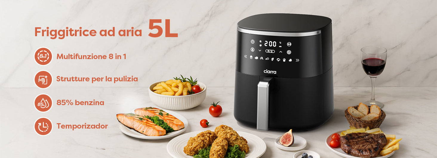 Gadgets Friteuse à air 8 en 1 non toxique, friteuse à air de 5,3 Qt avec panier antiadhésif et compatible lave-vaisselle, cuisson faible en gras, pour des aliments frits sains et croustillants