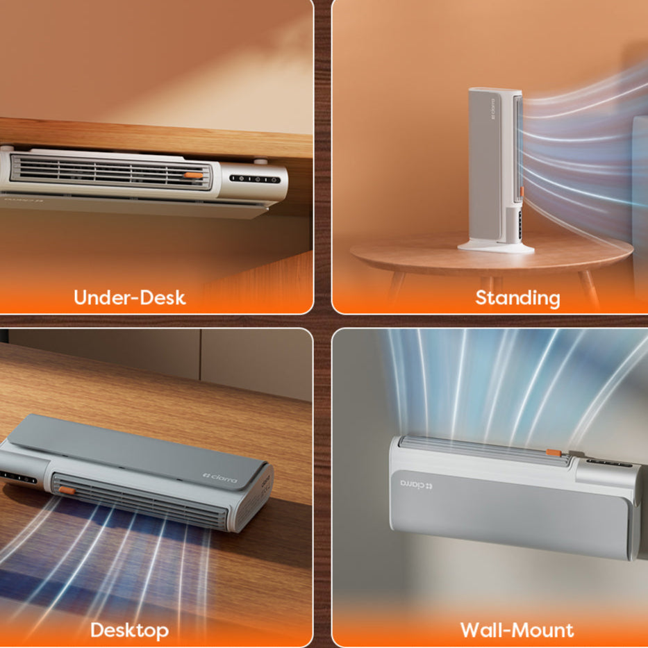 Gadgets Heater Fan Combo, Small Heater Ceramic Heater 3-Speed Fan Heater Combo with 4 Installation Modes: Desktop/Under-Desk/Wall/Standing, Portable Heater Fan Energy-Efficient & Space-Saving for Home & Office