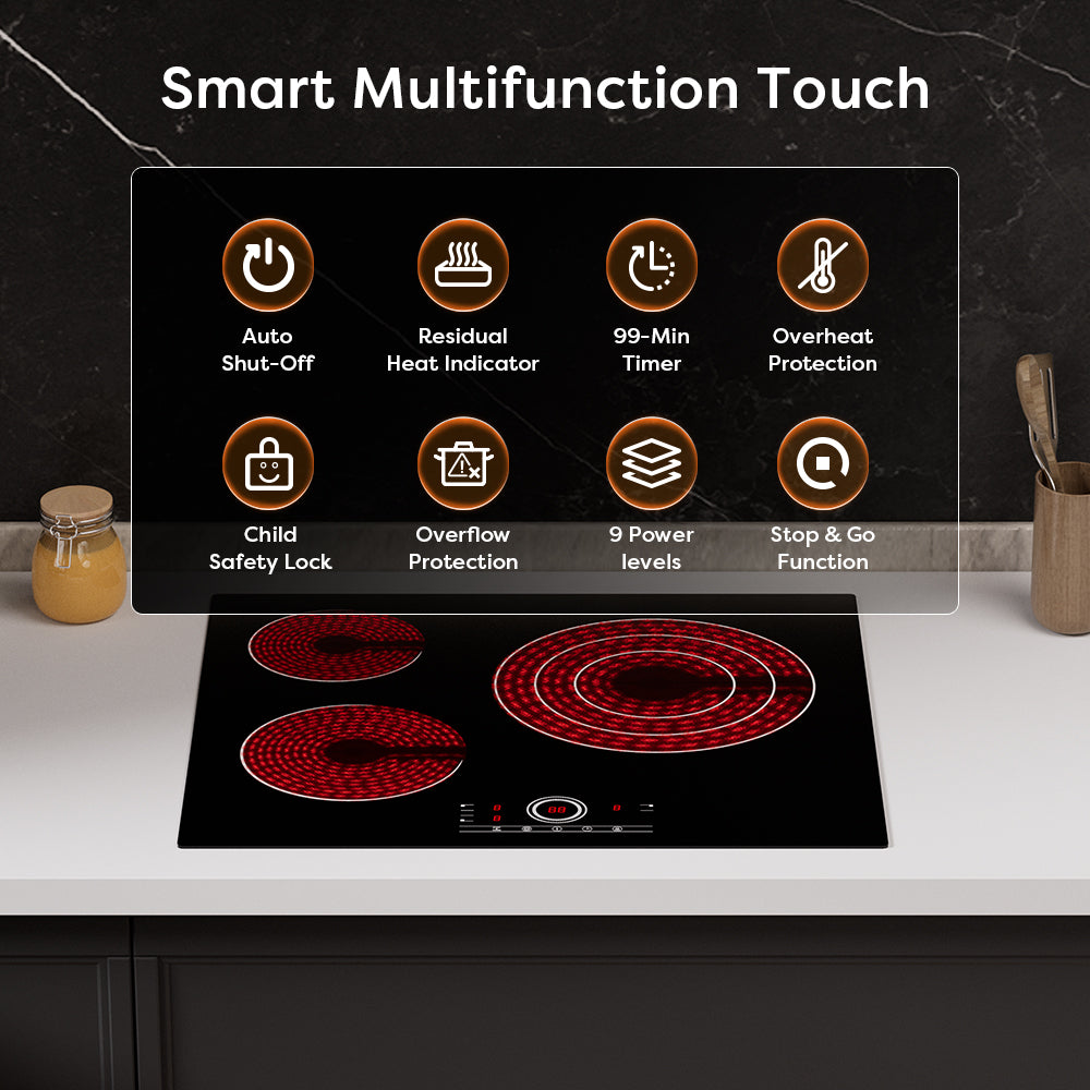 Gadgets 3-Zone Built-In Glass Ceramic Hob, 5600W Electric Cooktop – Touch Control, 9 Power Levels, 99-Minute Timer, Auto Shut-Off, Child Lock, Residual Heat Indicator, Universal Pan Compatibility, Safe & Easy to Clean