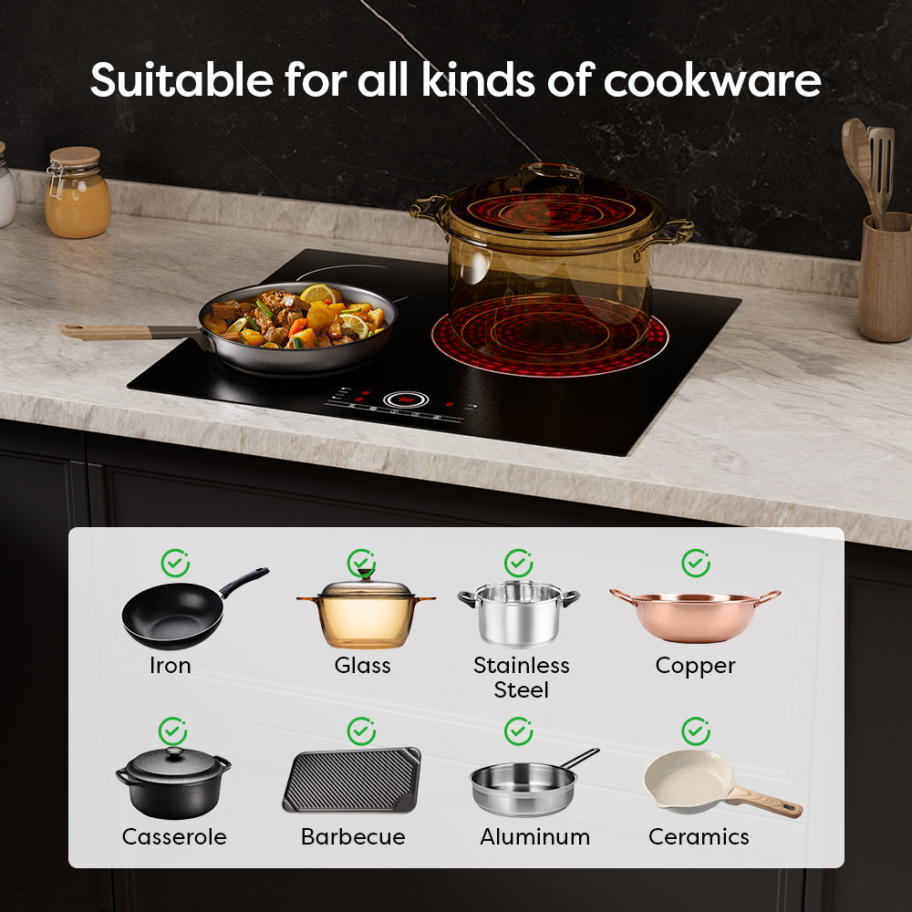 Gadgets HeartfulCook Set: 60cm 3-Zone Ceramic Hob & Cookware Duo (2‑Piece) / Cookware Set (4‑Piece), 5600W Electric Cooktop – Touch Control, 9 Power Levels, 99-Minute Timer, Auto Shut-Off, Child Lock, Nonstick Non-Toxic Cookware, Safe & Easy to Clean