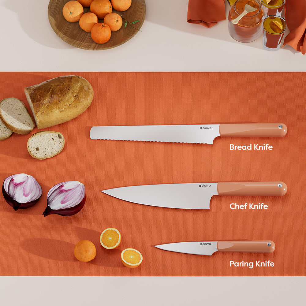 Gadgets Premium 3-Piece Beyond Trio Knife Set with Bread Knife, Chef Knife, Paring Knife, Stainless Steel Blade for Precise Cutting, Ergonomic Handles, Essential Kitchen Knife Set - Orangina
