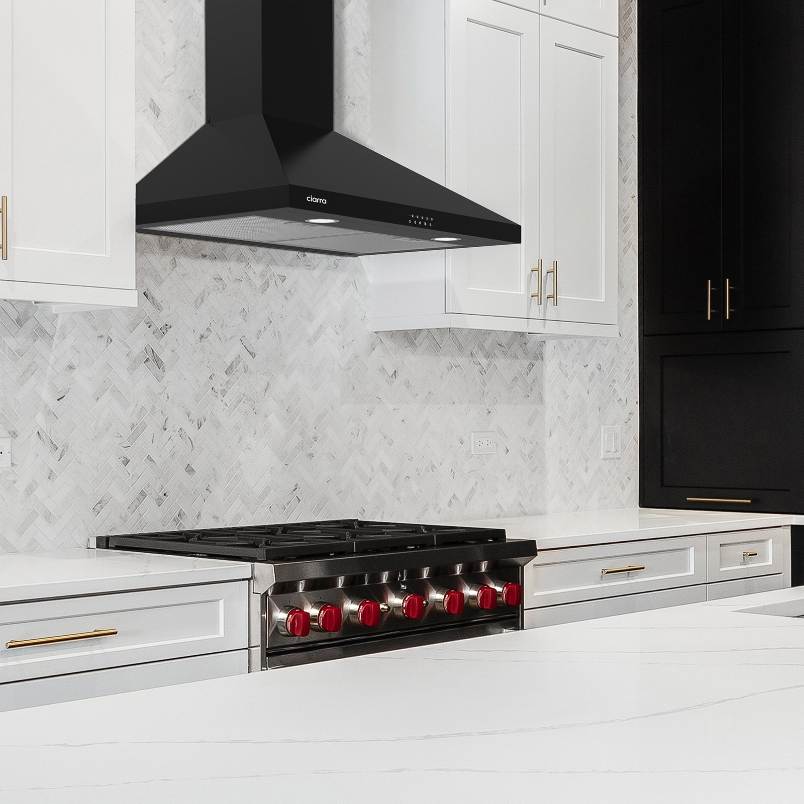 Gadgets 30 Inch Wall Mount Range Hood, 450 CFM Powerful & Quiet Ventilation, Convertible Ducted/Ductless, Push Button Control, Stainless Steel Kitchen Hood - Black