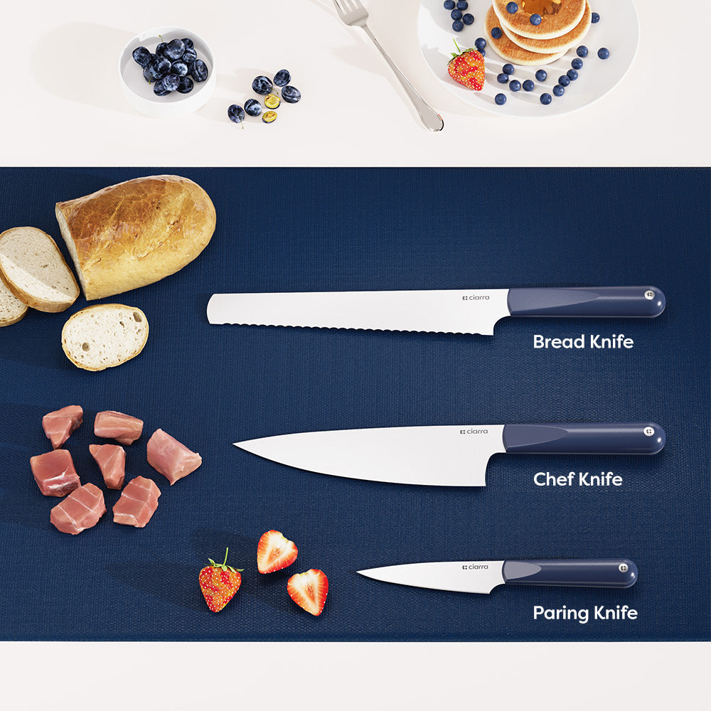 Gadgets Premium 3-Piece Beyond Trio Knife Set with Bread Knife, Chef Knife, Paring Knife, Stainless Steel Blade for Precise Cutting, Ergonomic Handles, Essential Kitchen Knife Set - Midnight Dream