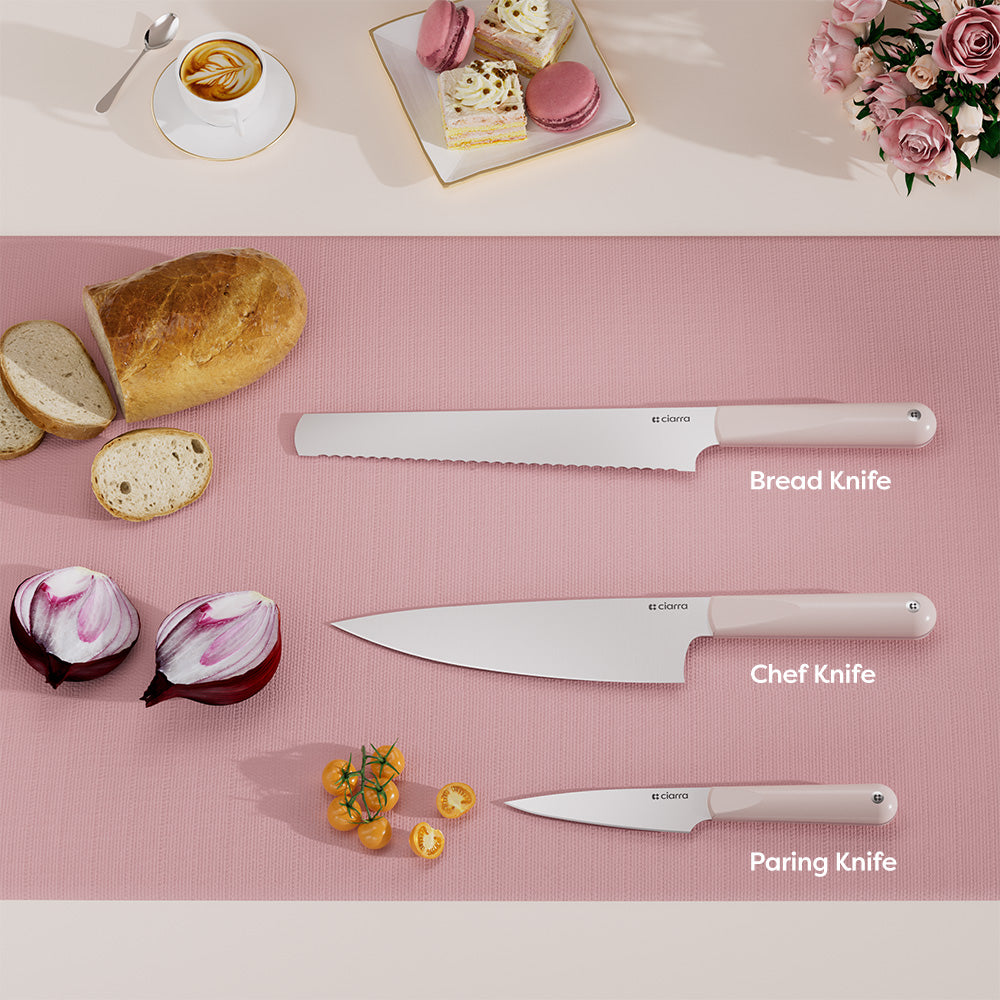 Gadgets Premium 3-Piece Beyond Trio Knife Set with Bread Knife, Chef Knife, Paring Knife, Stainless Steel Blade for Precise Cutting, Ergonomic Handles, Essential Kitchen Knife Set - Sakura Candy