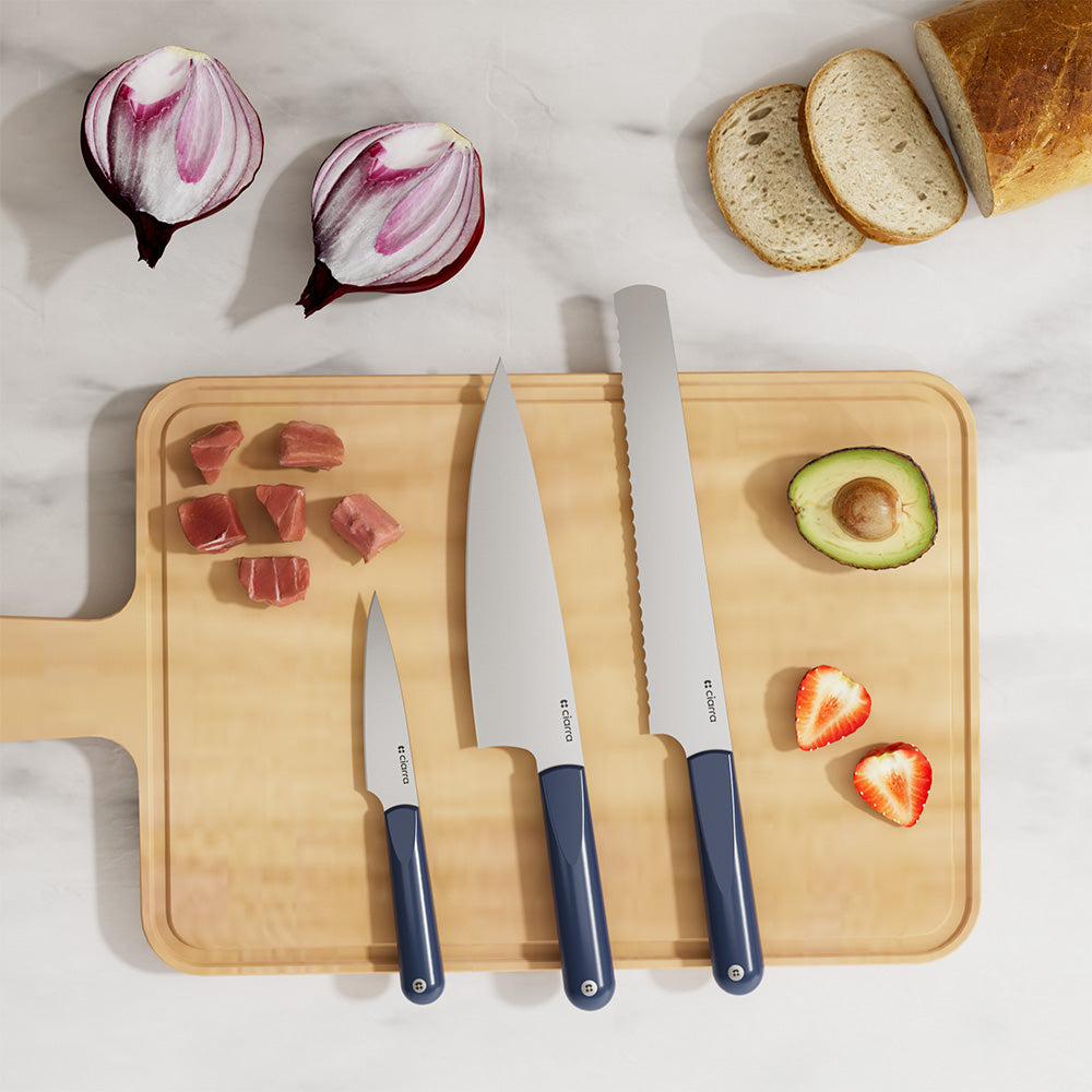 Gadgets Premium 3-Piece Beyond Trio Knife Set with Bread Knife, Chef Knife, Paring Knife, Stainless Steel Blade for Precise Cutting, Ergonomic Handles, Essential Kitchen Knife Set - Midnight Dream