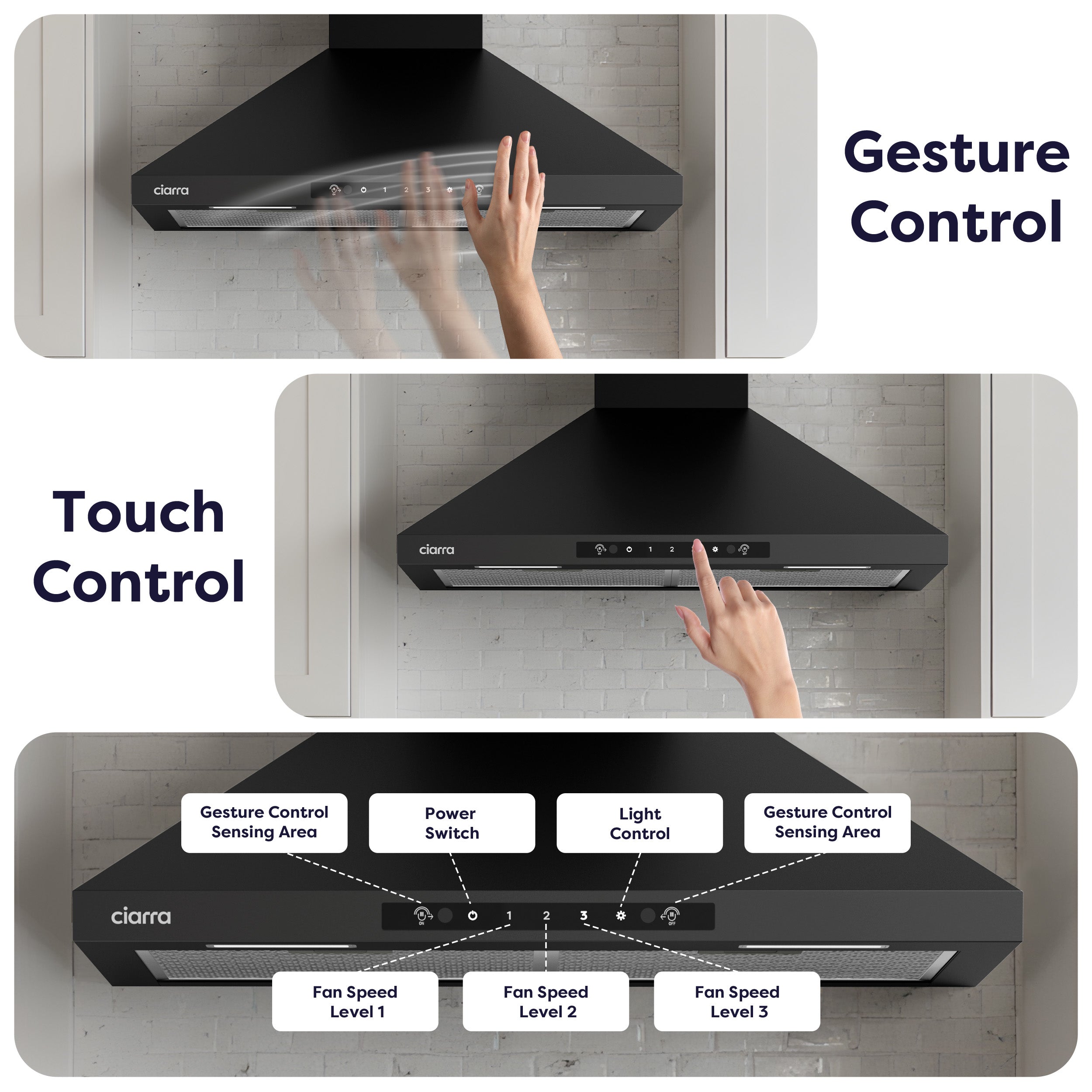 Gadgets 30 Inch Black Wall Mount Range Hood, 650 CFM, Quiet Ventilation with Wave Gesture & Touch Control, LED Lighting, Ducted/Ductless, Energy Efficient