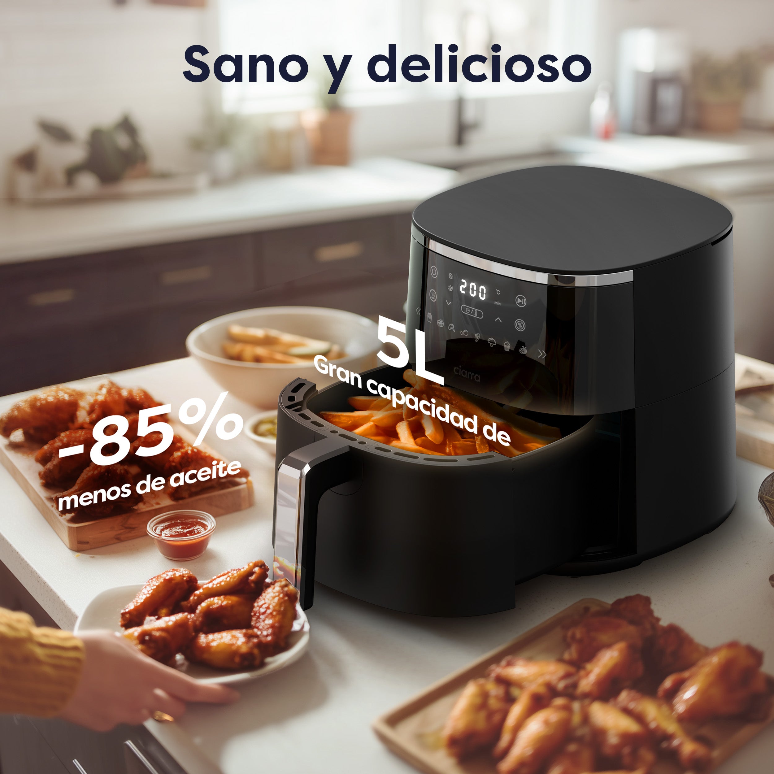 Gadgets Friteuse à air 8 en 1 non toxique, friteuse à air de 5,3 Qt avec panier antiadhésif et compatible lave-vaisselle, cuisson faible en gras, pour des aliments frits sains et croustillants