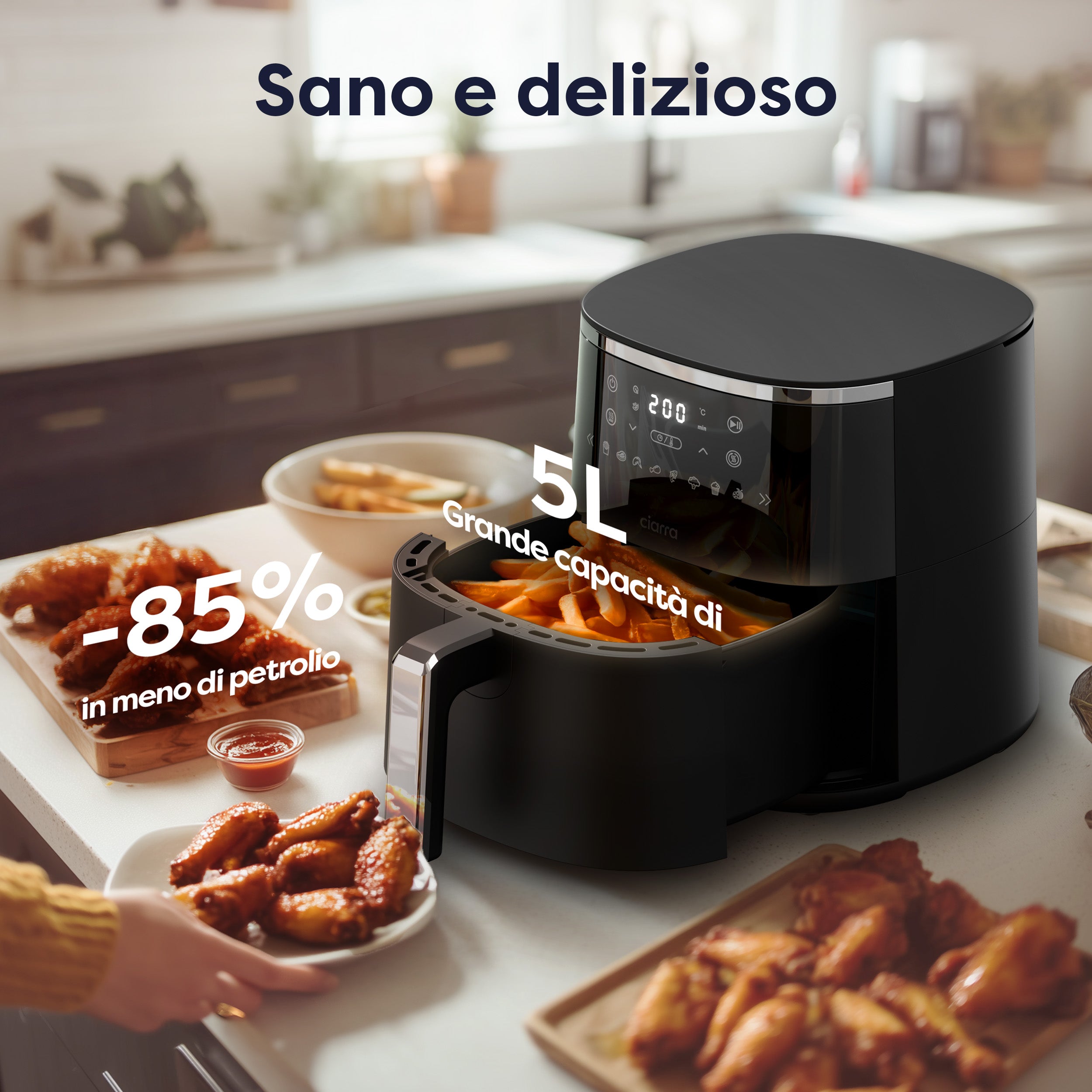 Gadgets 8-in-1 Friggitrice ad aria non tossica, friggitrice ad aria da 5,3 Qt con cestello antiaderente e lavabile in lavastoviglie, cottura a basso contenuto di grassi, per cibi fritti sani e croccanti