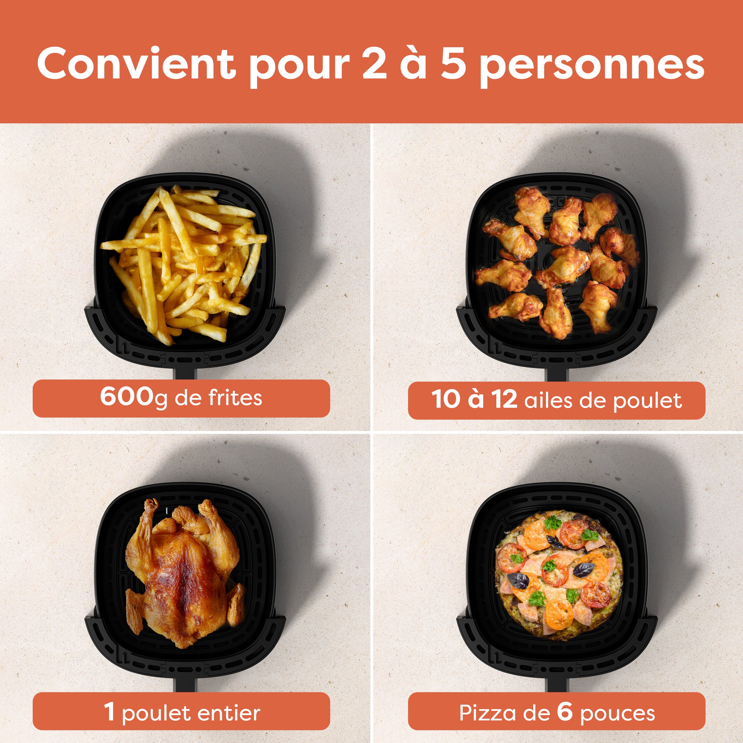 Gadgets Friteuse à air chaud 8-en-1 non toxique, 5,3 Qt avec panier antiadhésif et compatible lave-vaisselle – Cuisson faible en gras pour des aliments frits sains et croustillants