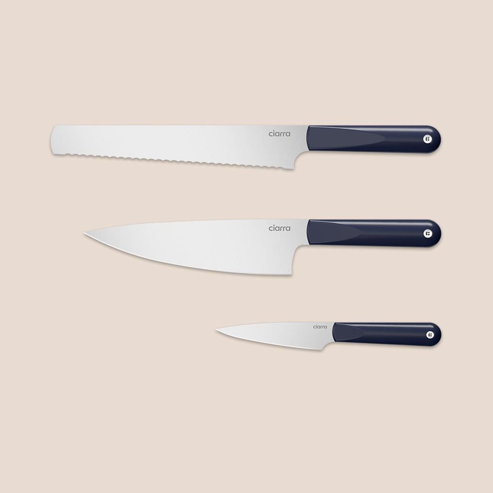 Gadgets Premium 3-Piece Beyond Trio Knife Set with Bread Knife, Chef Knife, Paring Knife, Stainless Steel Blade for Precise Cutting, Ergonomic Handles, Essential Kitchen Knife Set - Midnight Dream