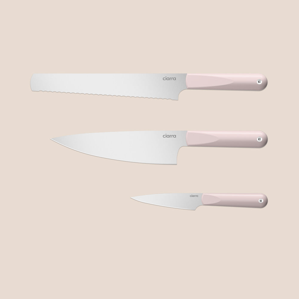 Gadgets Premium 3-Piece Beyond Trio Knife Set with Bread Knife, Chef Knife, Paring Knife, Stainless Steel Blade for Precise Cutting, Ergonomic Handles, Essential Kitchen Knife Set - Sakura Candy
