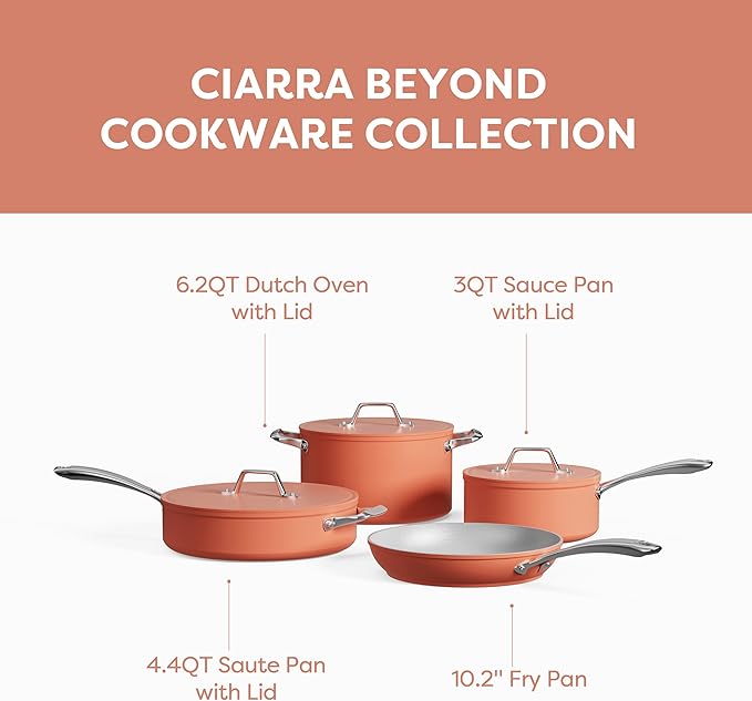 Gadgets Ceramic Nonstick Non-Toxic Induction Cookware Set (4PCS) Includes Sauce Pan, Frying Pan, Dutch Oven, and Sauté Pan - Orangina