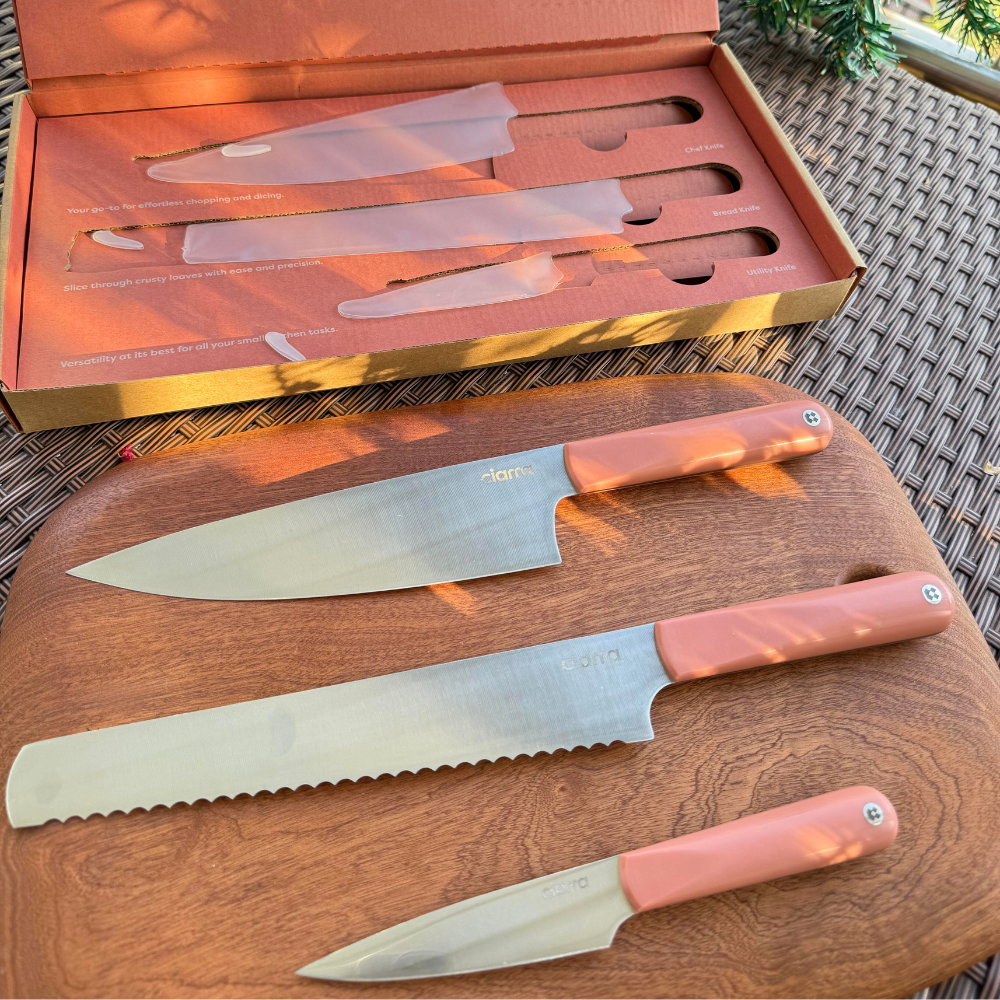 Gadgets Premium 3-Piece Beyond Trio Knife Set with Bread Knife, Chef Knife, Paring Knife, Stainless Steel Blade for Precise Cutting, Ergonomic Handles, Essential Kitchen Knife Set - Orangina