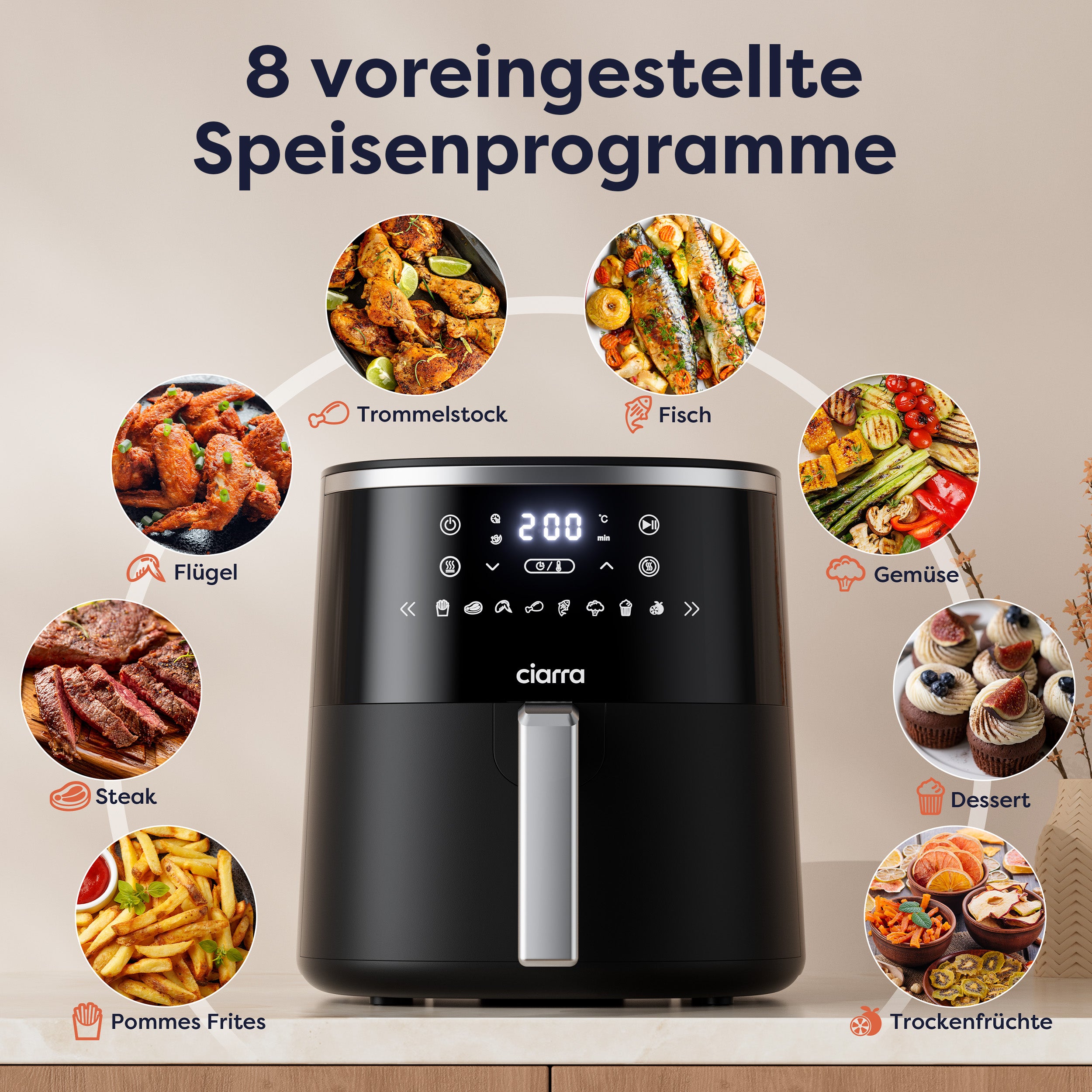 Gadgets Friteuse à air chaud 8-en-1 5,3 Qt avec panier antiadhésif et compatible lave-vaisselle – Cuisson faible en gras pour des plats sains et croustillants