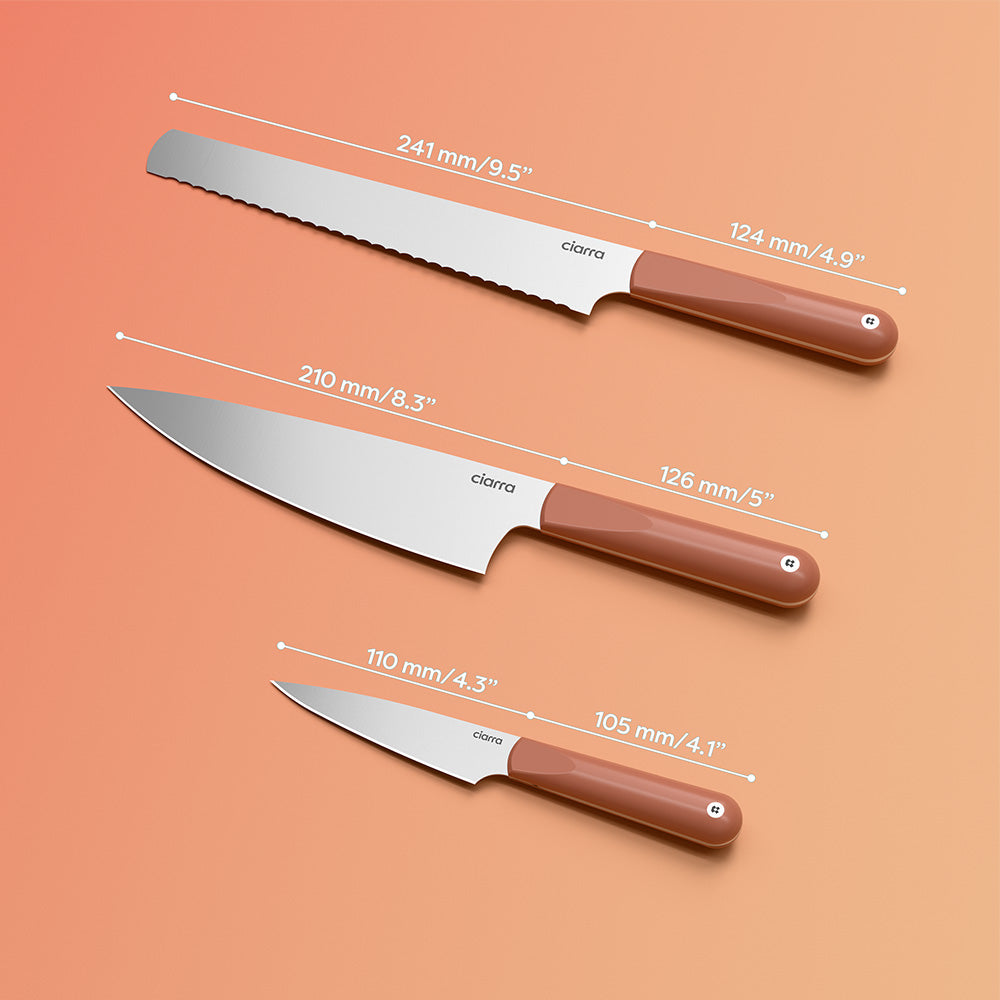 Gadgets Premium 3-Piece Beyond Trio Knife Set with Bread Knife, Chef Knife, Paring Knife, Stainless Steel Blade for Precise Cutting, Ergonomic Handles, Essential Kitchen Knife Set - Orangina