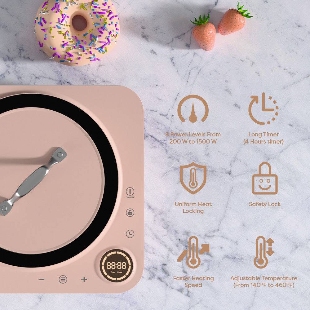 Gadgets Donut Pink Appliances Portable Induction Cooktop, Single Electric Induction Burner with 4-Hour Timer - Sakura Candy