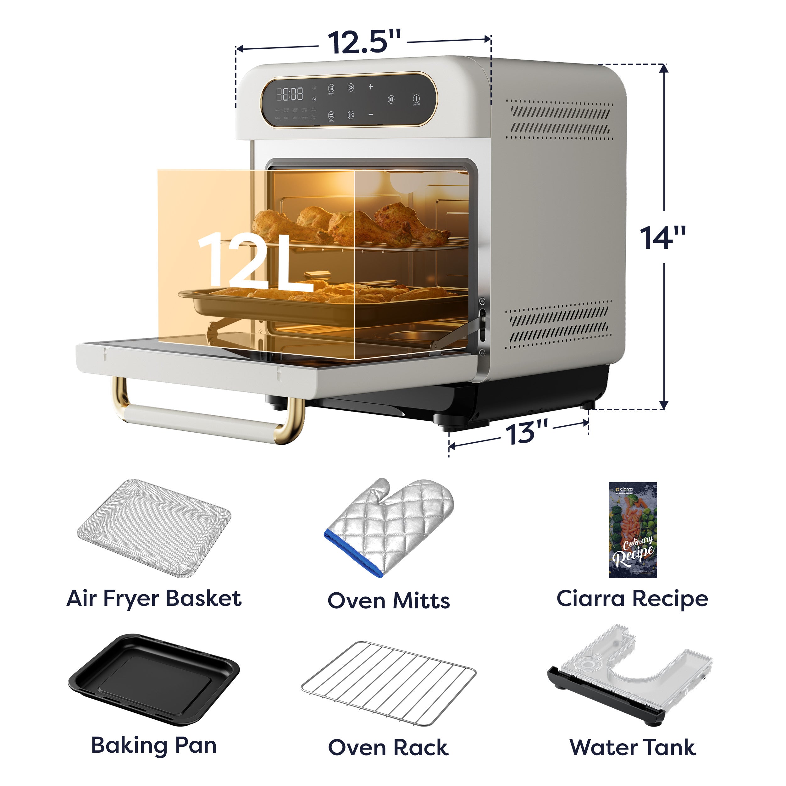 Gadgets Multifunctional Steam Air Fryer 1100W Countertop Oven, 8-In-1 Steam Oven - Ivory Mist