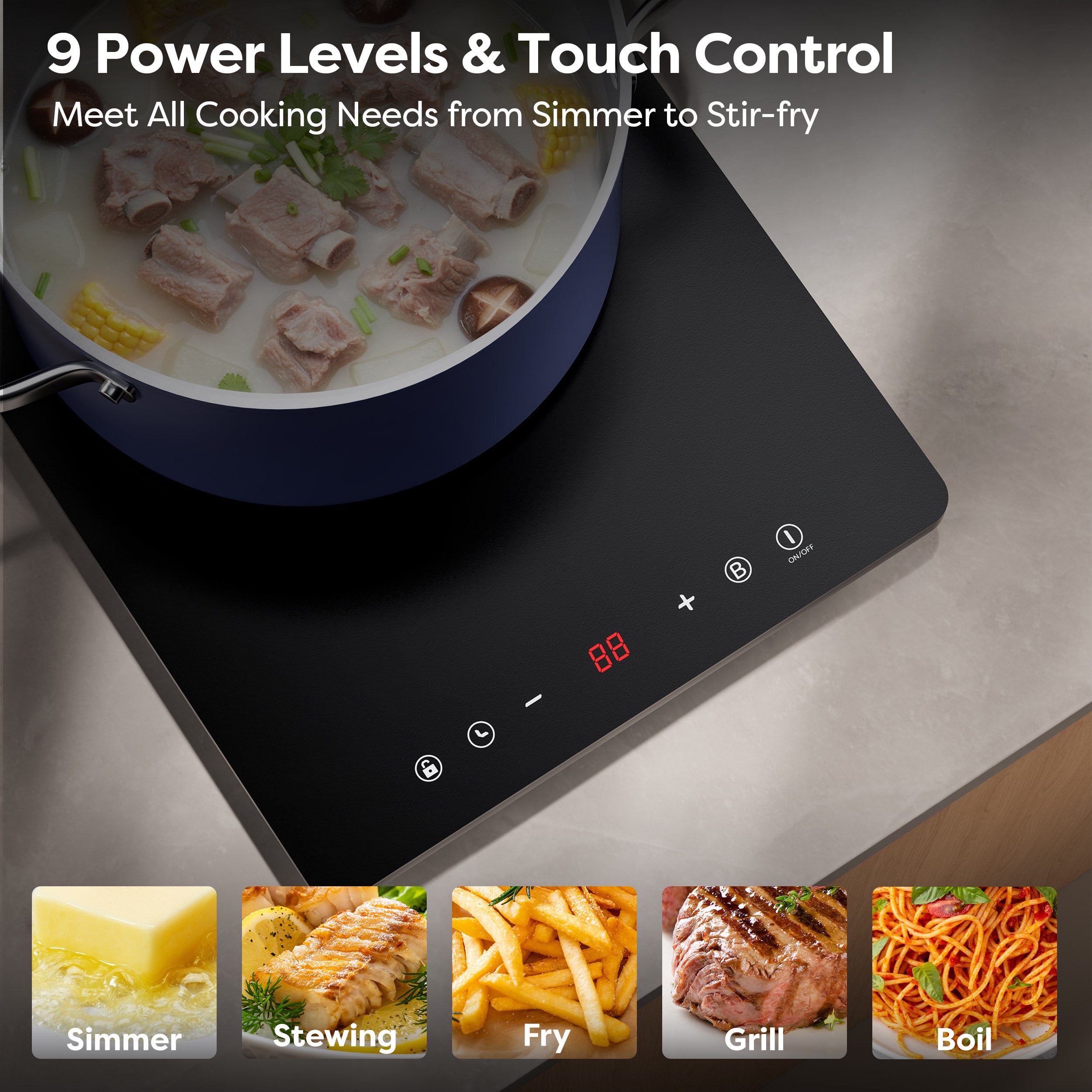 CDV 2000W Compact Portable Induction Hob with Boost Function, Single Plate Induction Cooker, 9 Power Levels, Timer