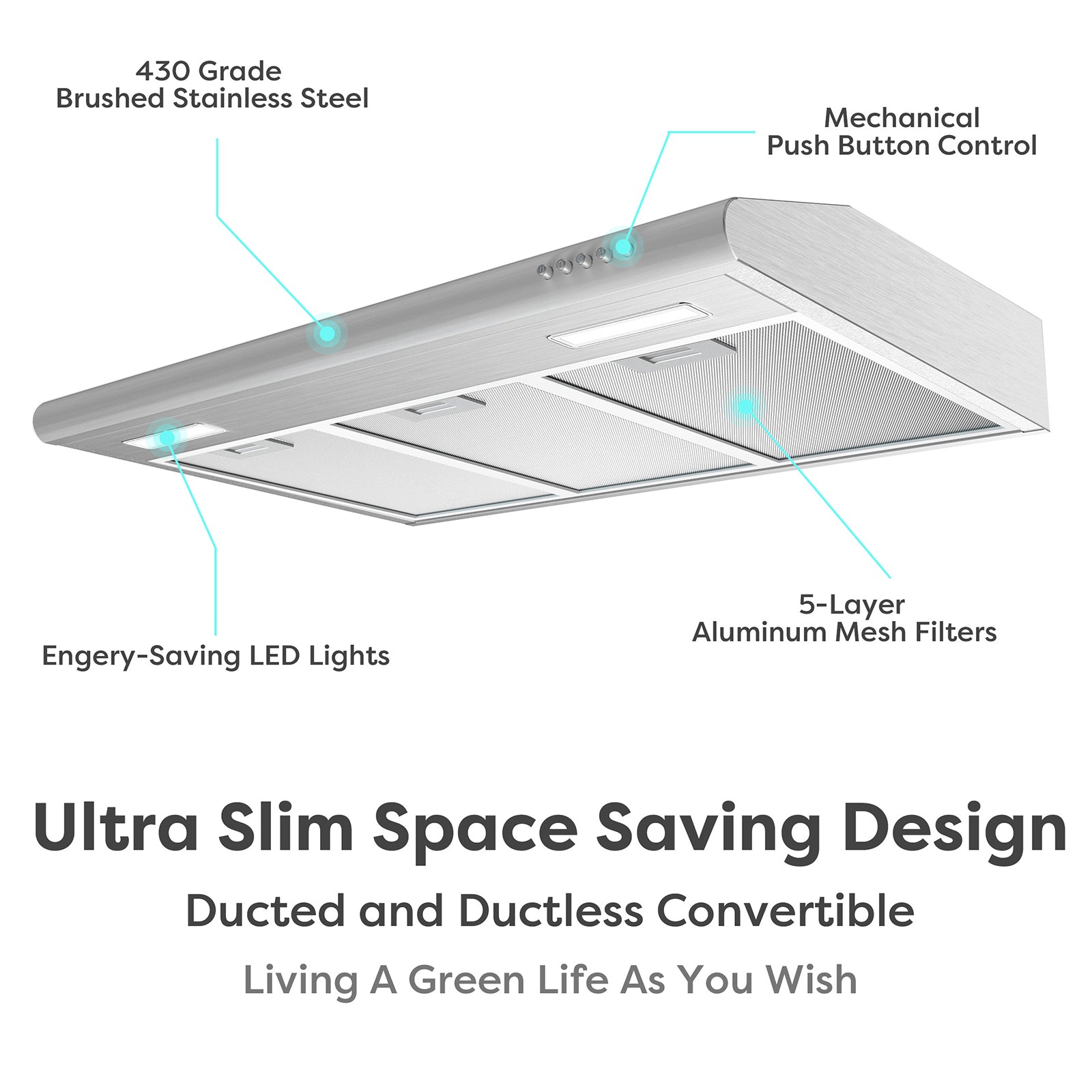 Gadgets 30 Inch Under Cabinet Range Hood, Stainless Steel Kitchen Vent Hood with 3-Speed Exhaust Fan, Ducted/Ductless Convertible - Silver