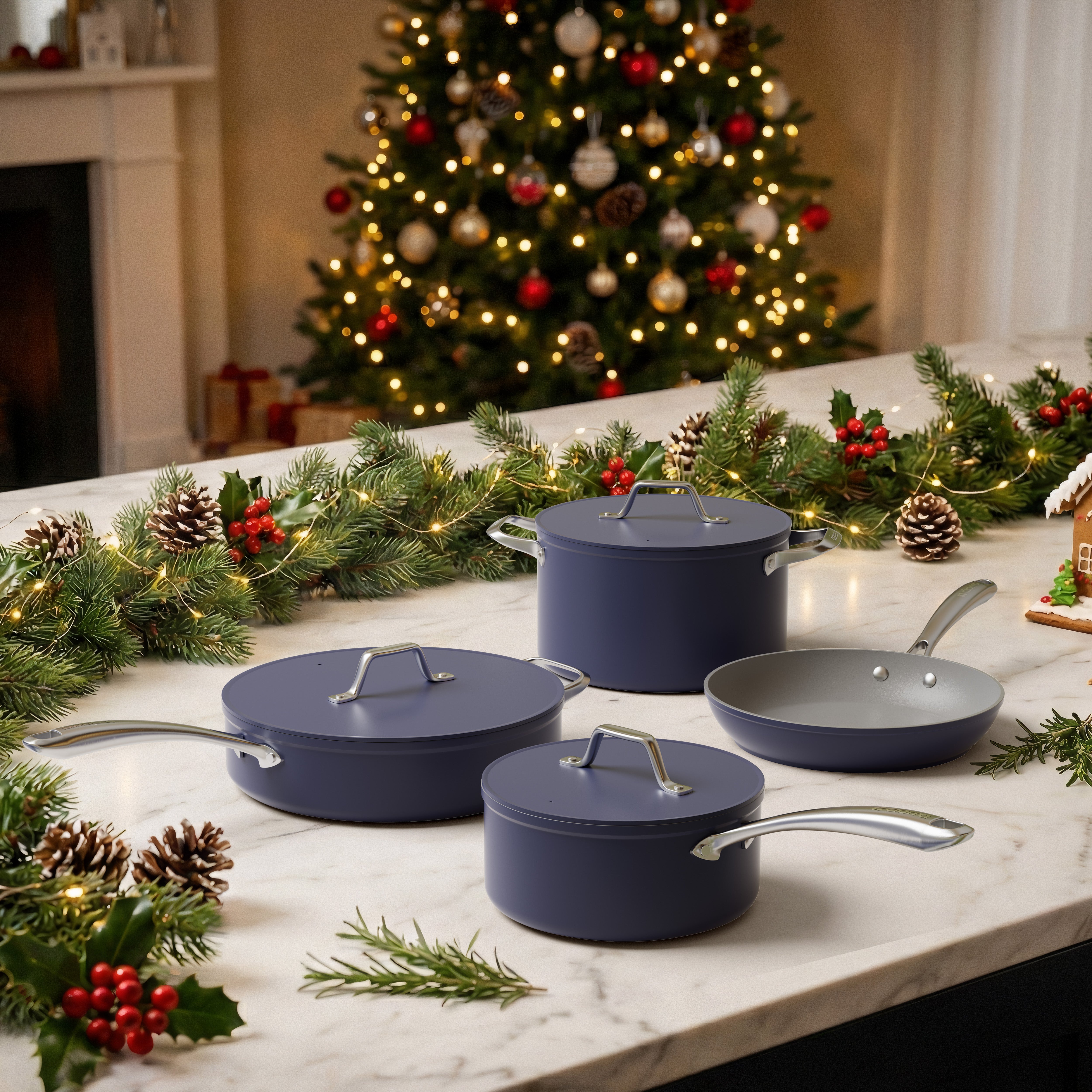 Gadgets Ceramic Nonstick Non-Toxic Induction Cookware Set (4PCS) Includes Sauce Pan, Frying Pan, Dutch Oven, and Sauté Pan - Midnight Dream