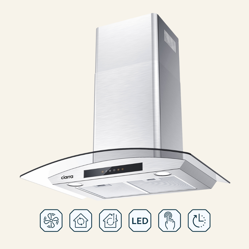 Gadgets 30 Inch Wall-Mount Glass Range Hood, Stainless Steel and Tempered Glass, 3-Speed Fan with Touch Controls, Ducted or Ductless