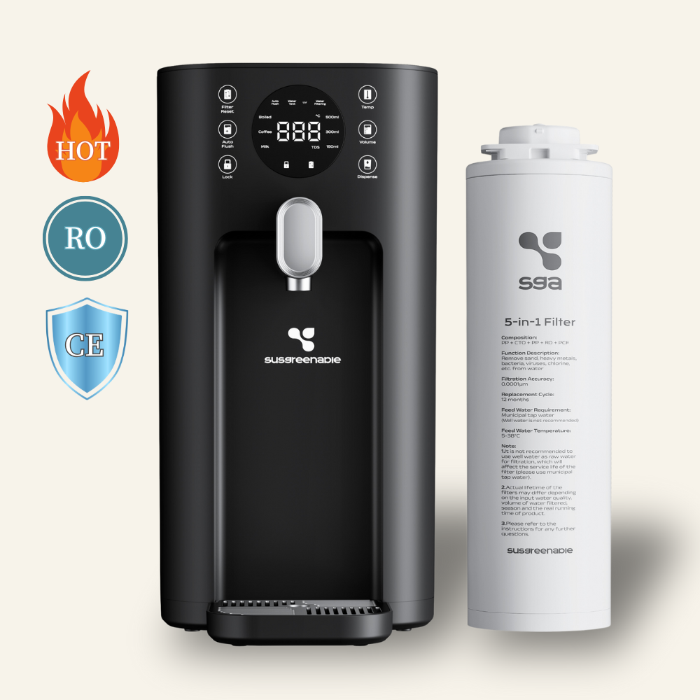 Gadgets 5-in-1 RO Hot Water Dispenser with Smart LCD Display – Susgreenable Countertop Osmosis System & Water Filter featuring 3s Instant Heating, 4 Temperature Presets, 4.2L Tank & Eco-Friendly 2:1 Pure-to-Drain Efficiency