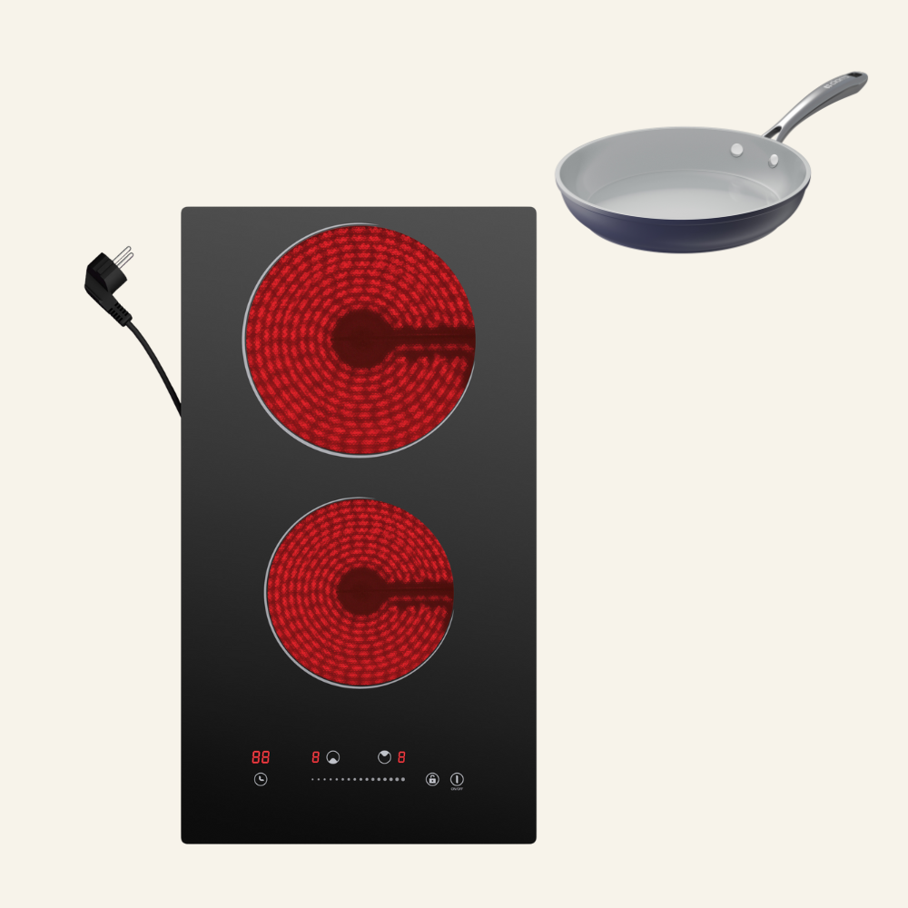 Gadgets ComfortCook Kit: 30cm 2-Zone Electric Ceramic Hob & Frying Pan / Cookware Duo, 3000W Electric Countertop Burner, 9 Power Levels, Nonstick Non-Toxic Cookware, Safe & Easy to Clean