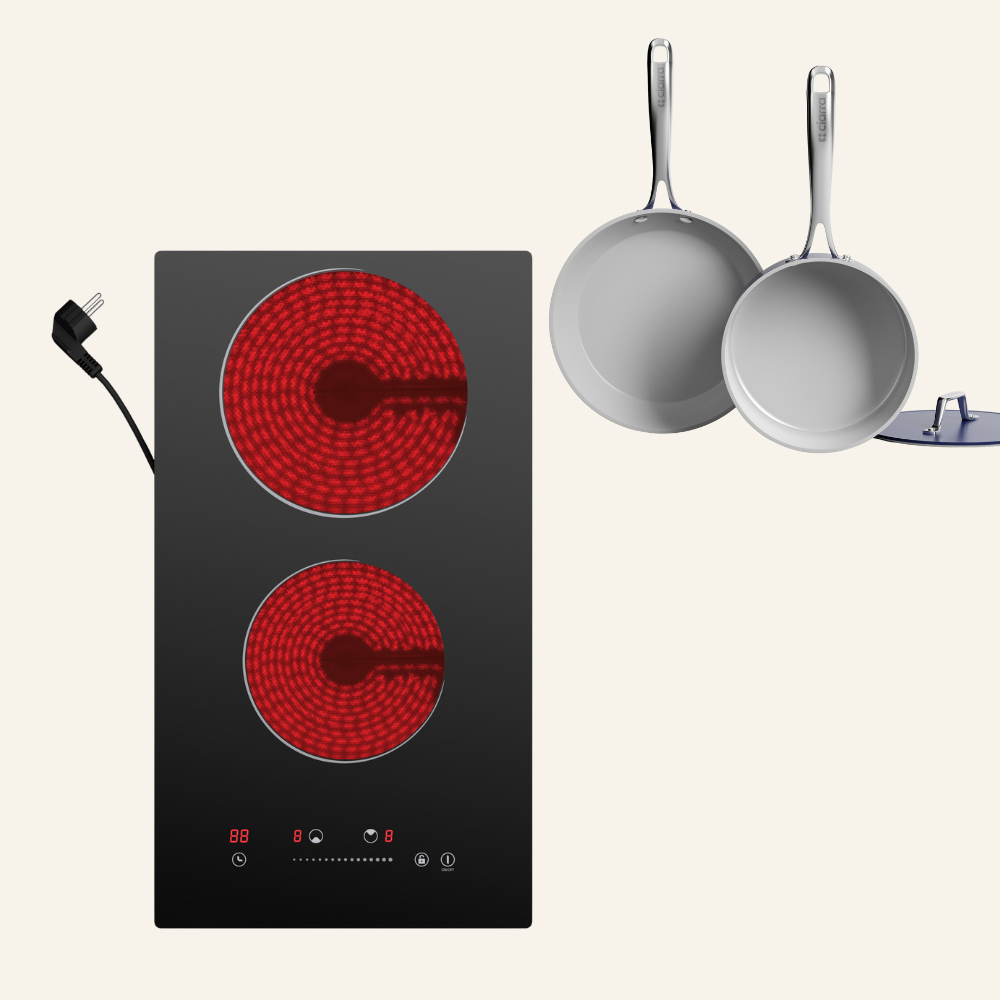 Gadgets ComfortCook Kit: 30cm 2-Zone Electric Ceramic Hob & Frying Pan / Cookware Duo, 3000W Electric Countertop Burner, 9 Power Levels, Nonstick Non-Toxic Cookware, Safe & Easy to Clean