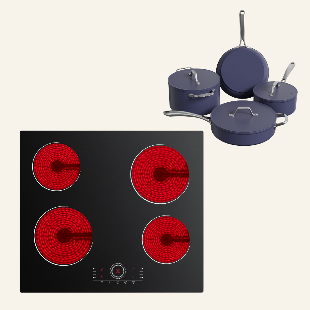 Gadgets FamilyCook Set: 60cm Black 4-Zone Built-In Ceramic Hob & Cookware Set (4‑Piece), 6000W Electric Cooktop – Touch Control, 9 Power Levels, 99-Minute Timer, Auto Shut-Off, Child Lock, Nonstick Non-Toxic Cookware, Safe & Easy to Clean