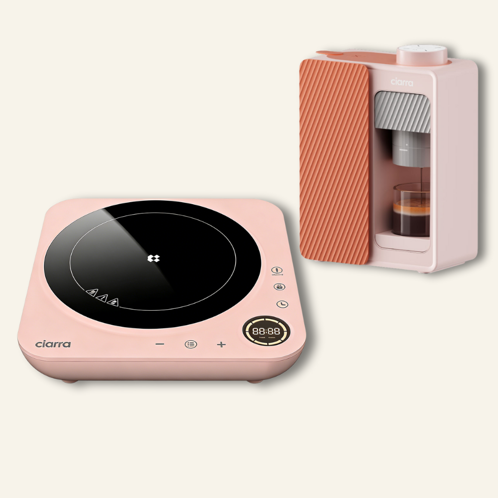 Gadgets Portable Espresso Coffee Machine & Pink Induction Cooktop Bundle, 15-Bar Coffee Maker with Smart Temp Control + Single Electric Induction Burner with 4-Hour Timer