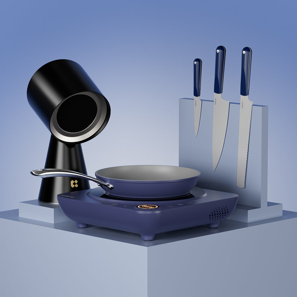 Ensemble de cuisine : Plaque à induction portable Donut, ensemble de 3 couteaux Beyond Trio, poêle à frire et hotte de cuisine portable