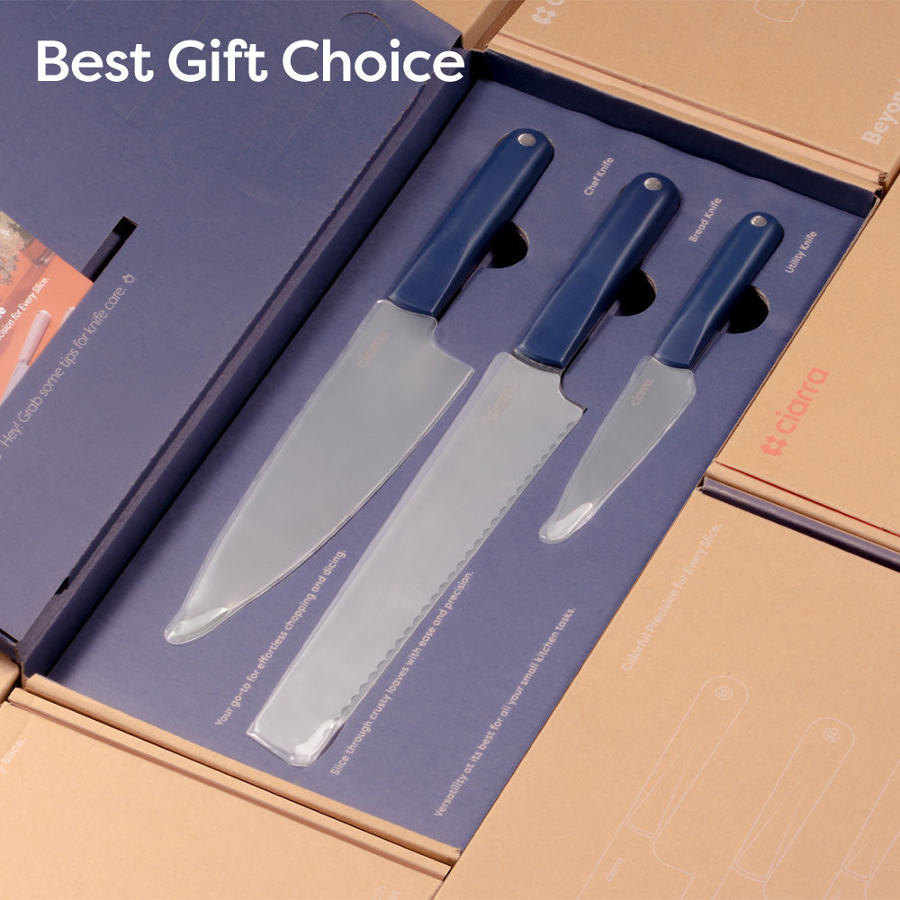 Gadgets Premium 3-Piece Beyond Trio Knife Set with Bread Knife, Chef Knife, Paring Knife, Stainless Steel Blade for Precise Cutting, Ergonomic Handles, Essential Kitchen Knife Set - Midnight Dream