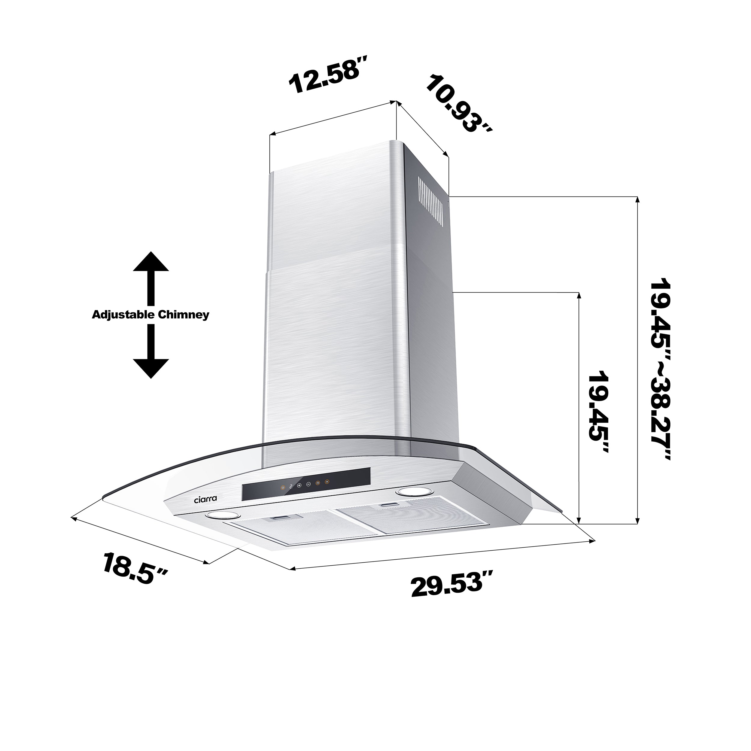 Gadgets 30 Inch Wall-Mount Glass Range Hood, Stainless Steel and Tempered Glass, 3-Speed Fan with Touch Controls, Ducted or Ductless