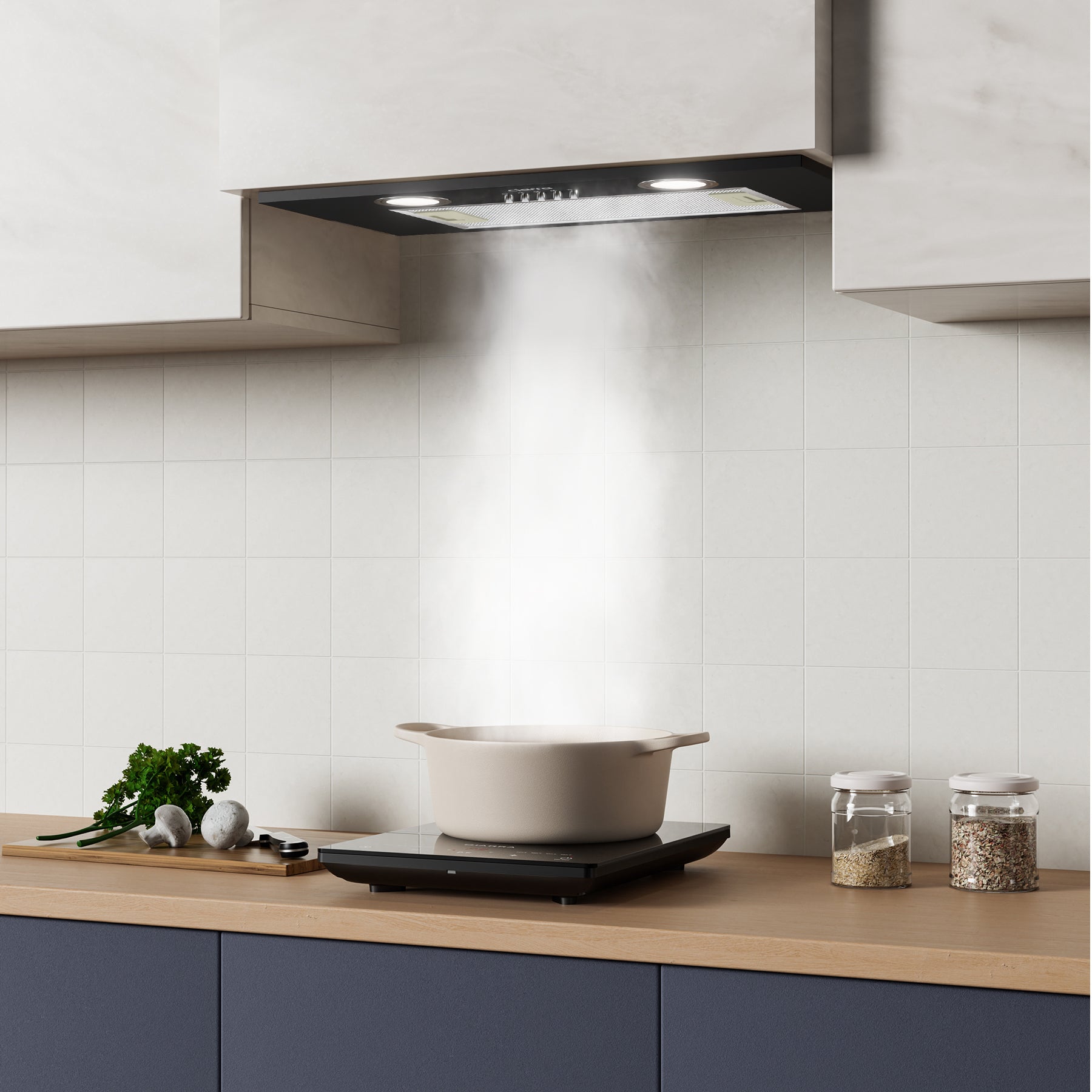 Gadgets 20 Inch Built-In Range Hood Insert, 530 CFM Ducted/Ductless Under Cabinet Vent Hood, Stainless Steel, 3-Speed Exhaust Fan, Push Button Control, LED Lighting - Black