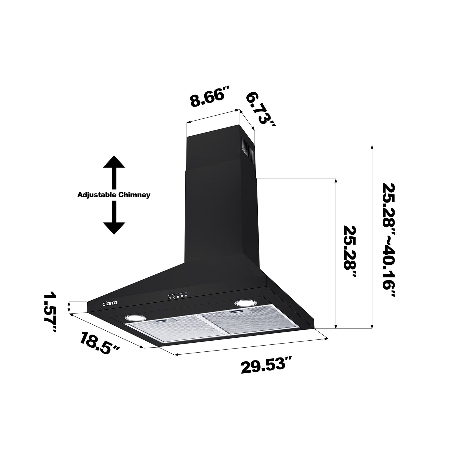 Gadgets 30 Inch Wall Mount Range Hood, 450 CFM Powerful & Quiet Ventilation, Convertible Ducted/Ductless, Push Button Control, Stainless Steel Kitchen Hood - Black