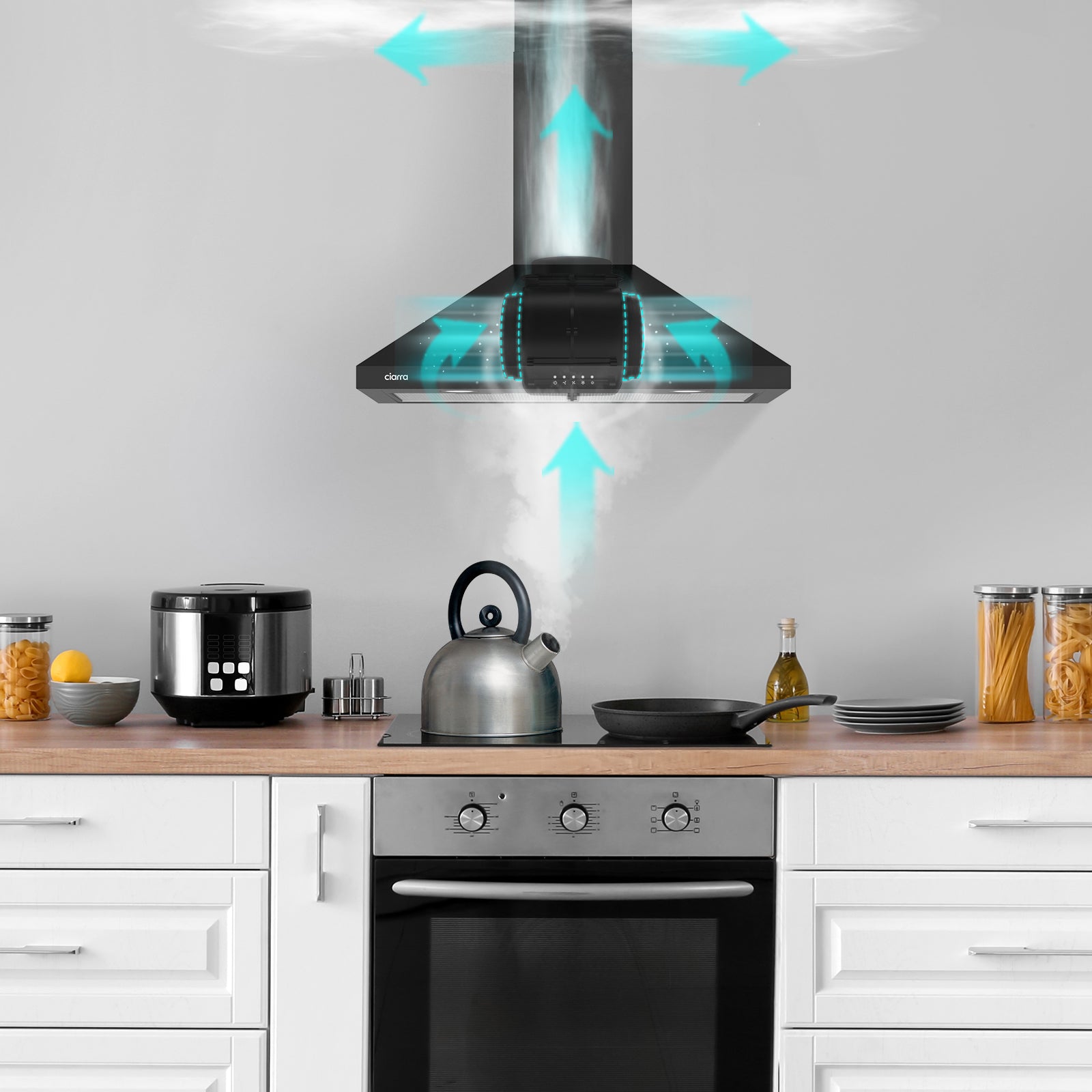 Gadgets 30 Inch Wall Mount Range Hood, 450 CFM Powerful & Quiet Ventilation, Convertible Ducted/Ductless, Push Button Control, Stainless Steel Kitchen Hood - Black