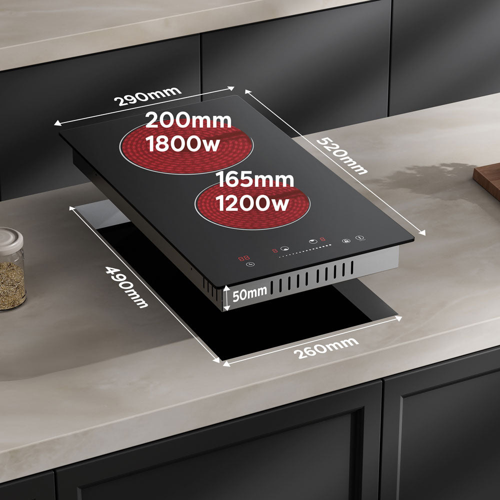 Gadgets Glass Ceramic Hob 2 Zone, 3000W Electric Countertop Burner, 9 Power Levels, Sensitive Touch Control, Black Crystal Glass Cooktop, Universal Cookware Compatibility, Safe & Easy to Clean
