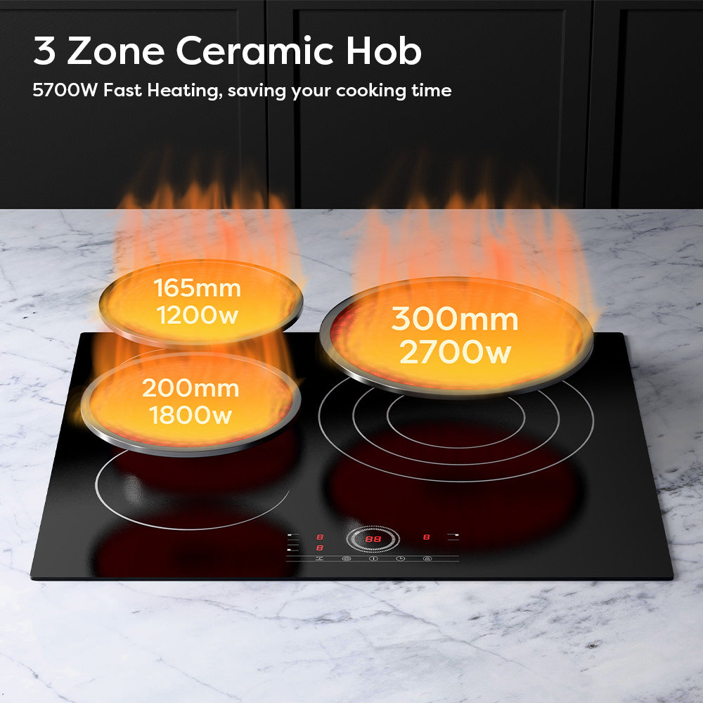 Gadgets 3-Zone Built-In Glass Ceramic Hob, 5600W Electric Cooktop – Touch Control, 9 Power Levels, 99-Minute Timer, Auto Shut-Off, Child Lock, Residual Heat Indicator, Universal Pan Compatibility, Safe & Easy to Clean