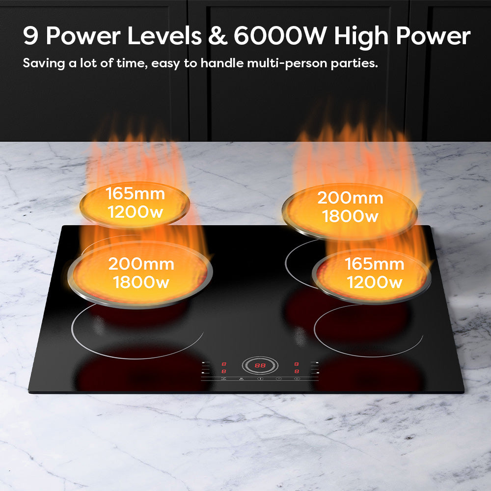 Gadgets 4-Zone Built-In Glass Ceramic Hob, 6000W Electric Cooktop – Touch Control, 9 Power Levels, 99-Minute Timer, Auto Shut-Off, Child Lock, Residual Heat Indicator, Universal Pan Compatibility, Safe & Easy to Clean