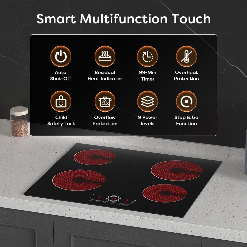 Gadgets 4-Zone Built-In Glass Ceramic Hob, 6000W Electric Cooktop – Touch Control, 9 Power Levels, 99-Minute Timer, Auto Shut-Off, Child Lock, Residual Heat Indicator, Universal Pan Compatibility, Safe & Easy to Clean
