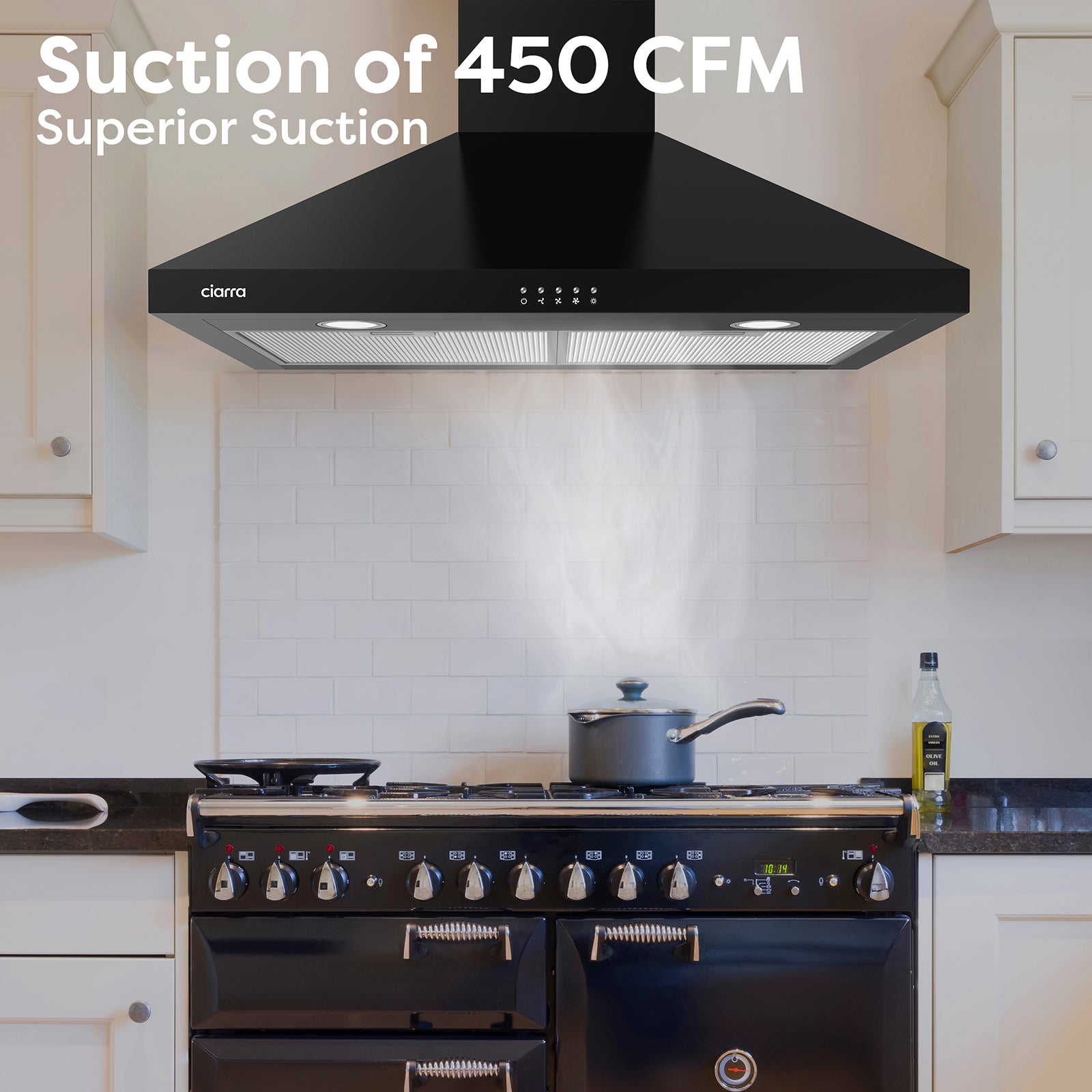Gadgets 30 Inch Wall Mount Range Hood, 450 CFM Powerful & Quiet Ventilation, Convertible Ducted/Ductless, Push Button Control, Stainless Steel Kitchen Hood - Black