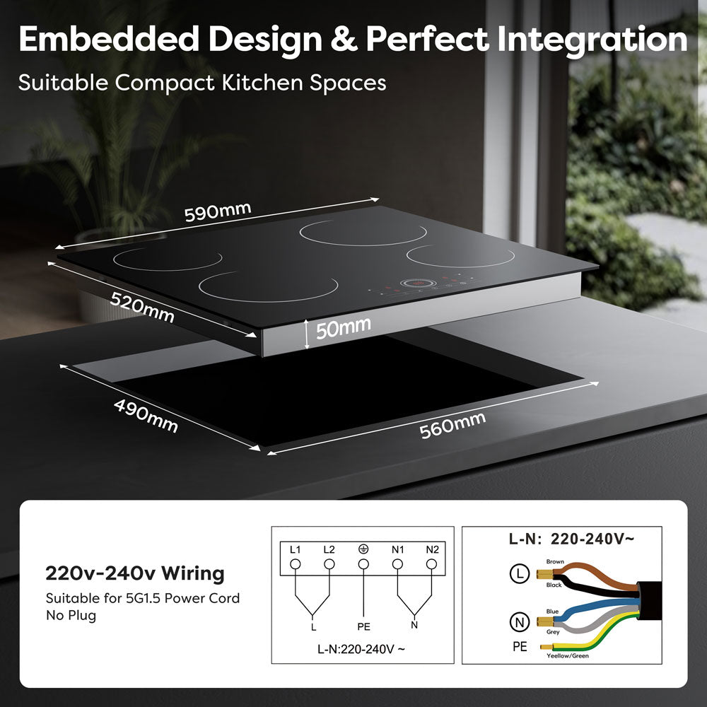 Gadgets 4-Zone Built-In Glass Ceramic Hob, 6000W Electric Cooktop – Touch Control, 9 Power Levels, 99-Minute Timer, Auto Shut-Off, Child Lock, Residual Heat Indicator, Universal Pan Compatibility, Safe & Easy to Clean
