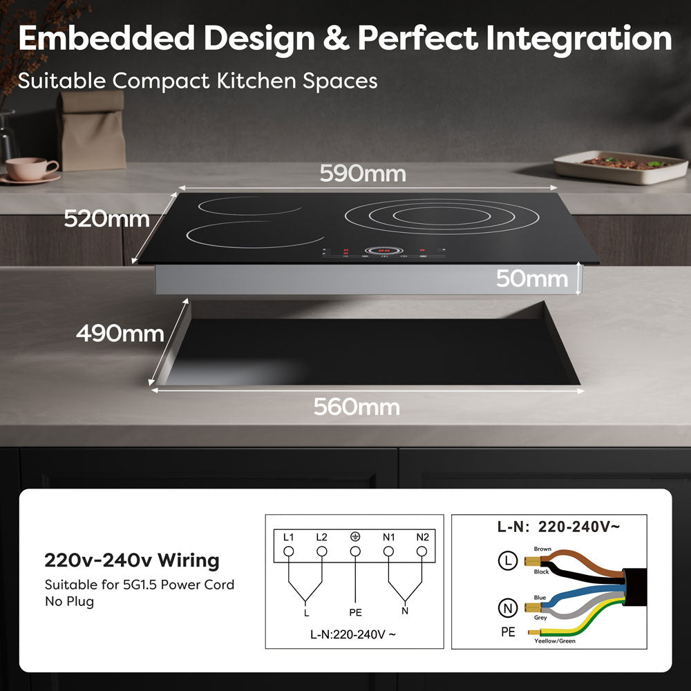 Gadgets 3-Zone Built-In Glass Ceramic Hob, 5600W Electric Cooktop – Touch Control, 9 Power Levels, 99-Minute Timer, Auto Shut-Off, Child Lock, Residual Heat Indicator, Universal Pan Compatibility, Safe & Easy to Clean