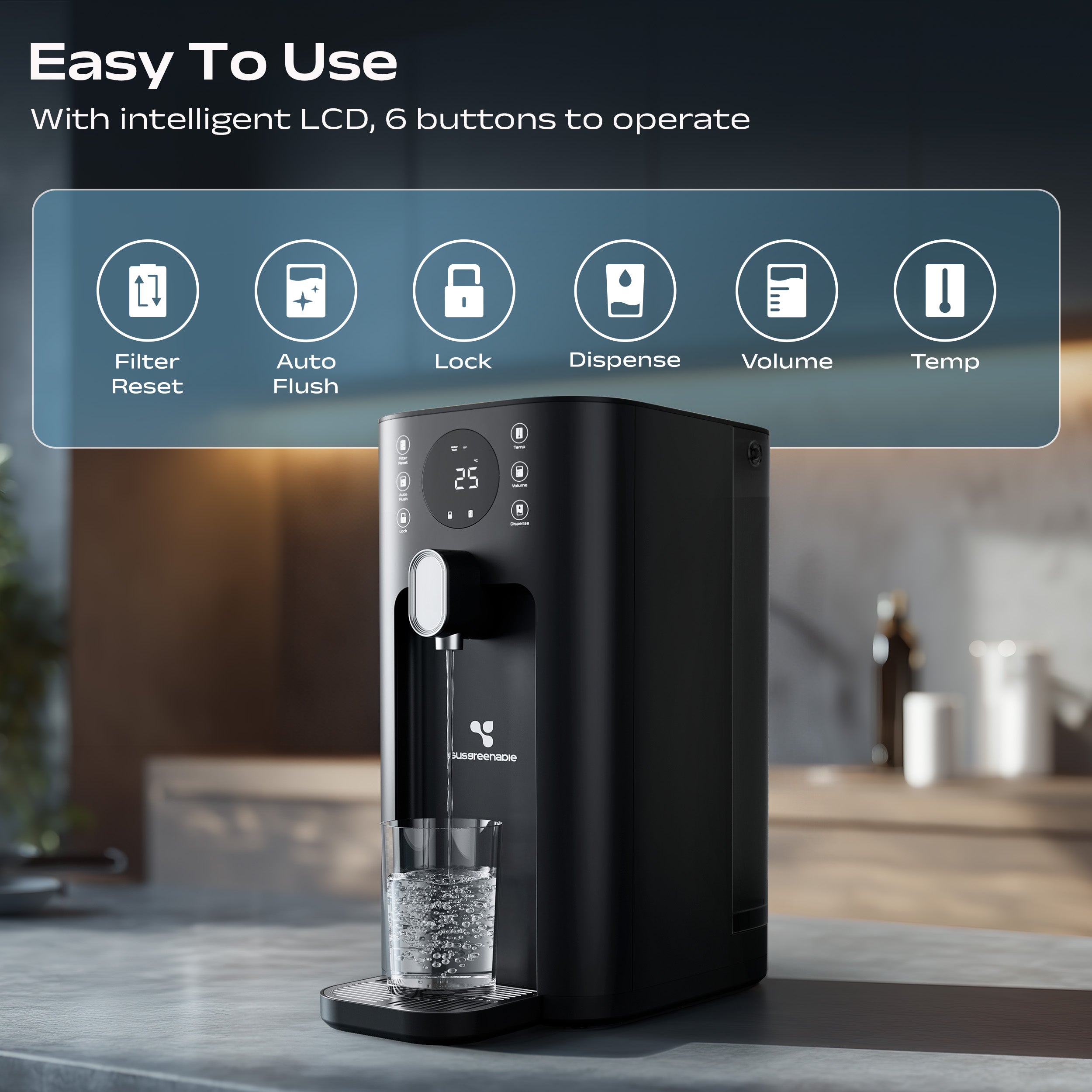 Gadgets 5-in-1 RO Hot Water Dispenser with Smart LCD Display – Susgreenable Countertop Osmosis System & Water Filter featuring 3s Instant Heating, 4 Temperature Presets, 4.2L Tank & Eco-Friendly 2:1 Pure-to-Drain Efficiency