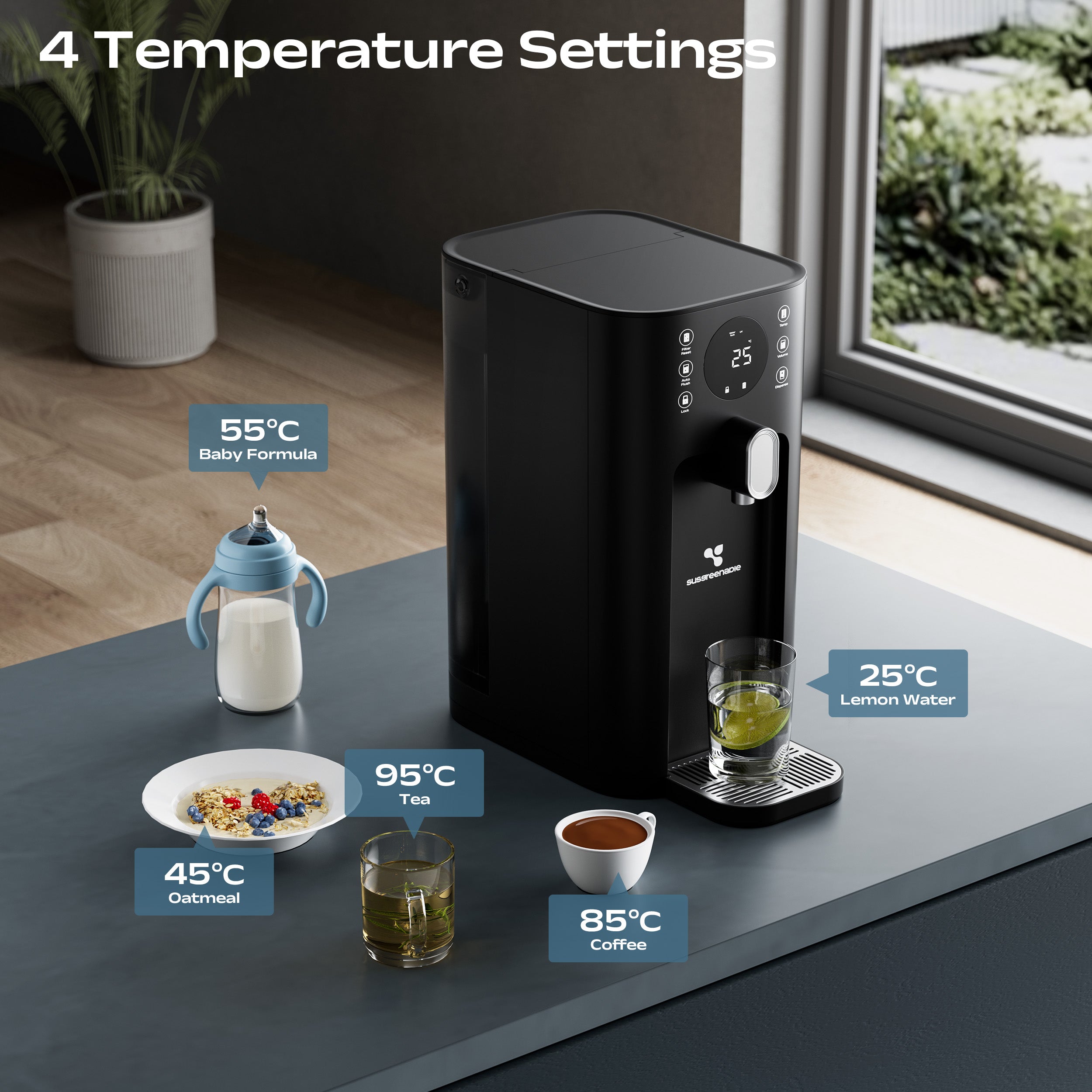 Gadgets 5-in-1 RO Hot Water Dispenser with Smart LCD Display – Susgreenable Countertop Osmosis System & Water Filter featuring 3s Instant Heating, 4 Temperature Presets, 4.2L Tank & Eco-Friendly 2:1 Pure-to-Drain Efficiency