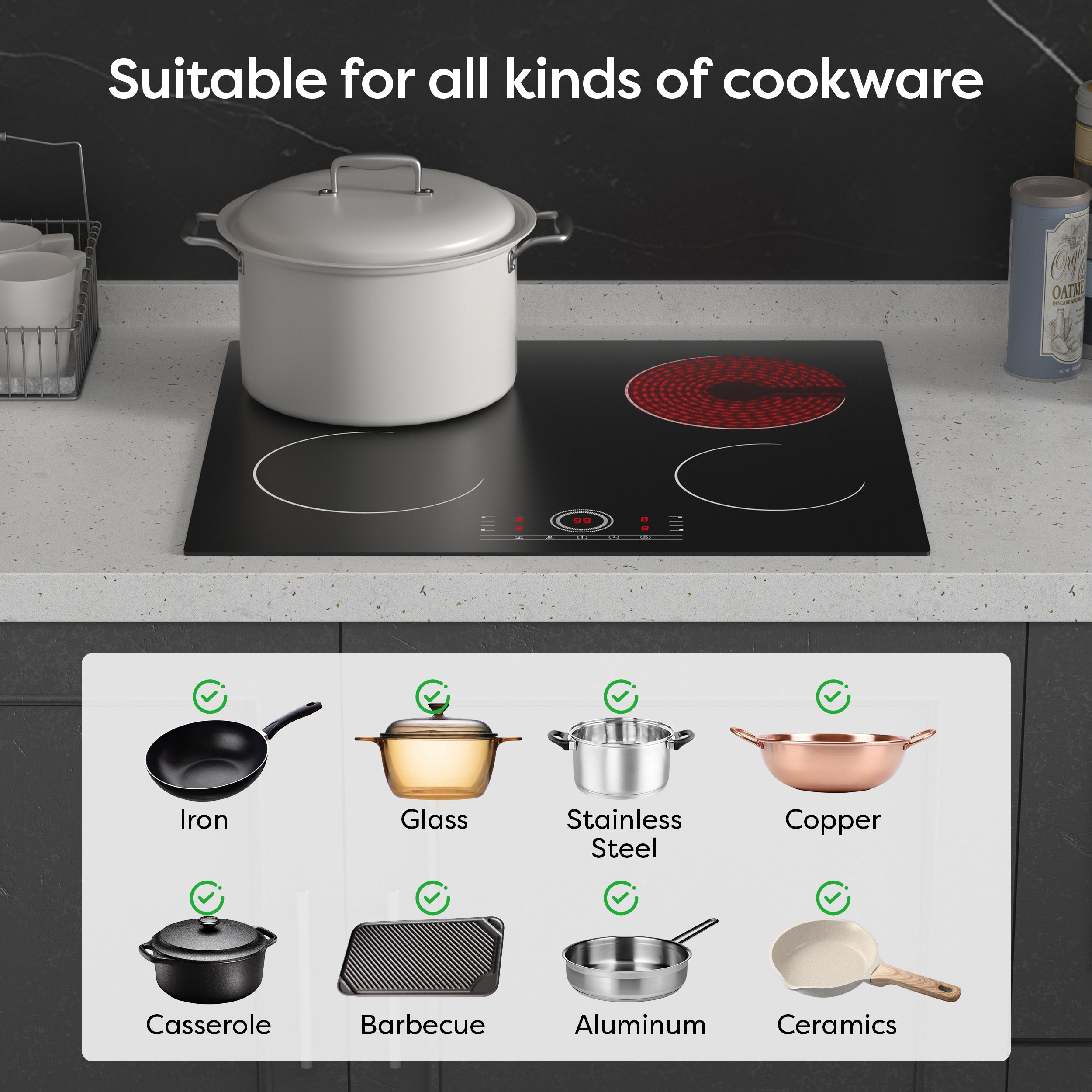 Gadgets 4-Zone Built-In Glass Ceramic Hob, 6000W Electric Cooktop – Touch Control, 9 Power Levels, 99-Minute Timer, Auto Shut-Off, Child Lock, Residual Heat Indicator, Universal Pan Compatibility, Safe & Easy to Clean