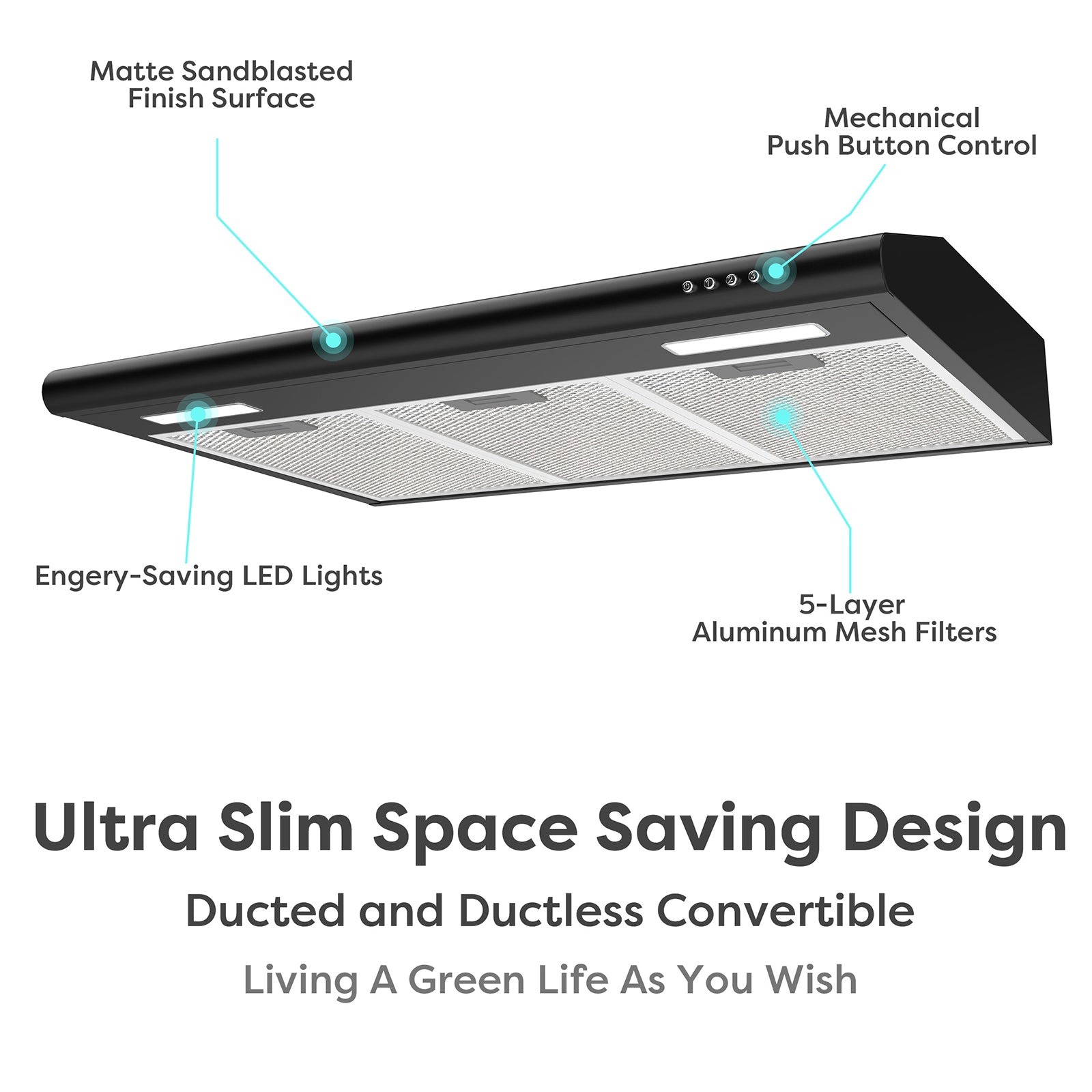 Gadgets 30 Inch Under Cabinet Range Hood, Stainless Steel Kitchen Vent Hood with 3-Speed Exhaust Fan, Ducted/Ductless Convertible - Black