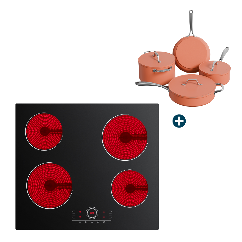 Gadgets FamilyCook Set: 60cm Black 4-Zone Built-In Ceramic Hob & Cookware Set (4‑Piece), 6000W Electric Cooktop – Touch Control, 9 Power Levels, 99-Minute Timer, Auto Shut-Off, Child Lock, Nonstick Non-Toxic Cookware, Safe & Easy to Clean